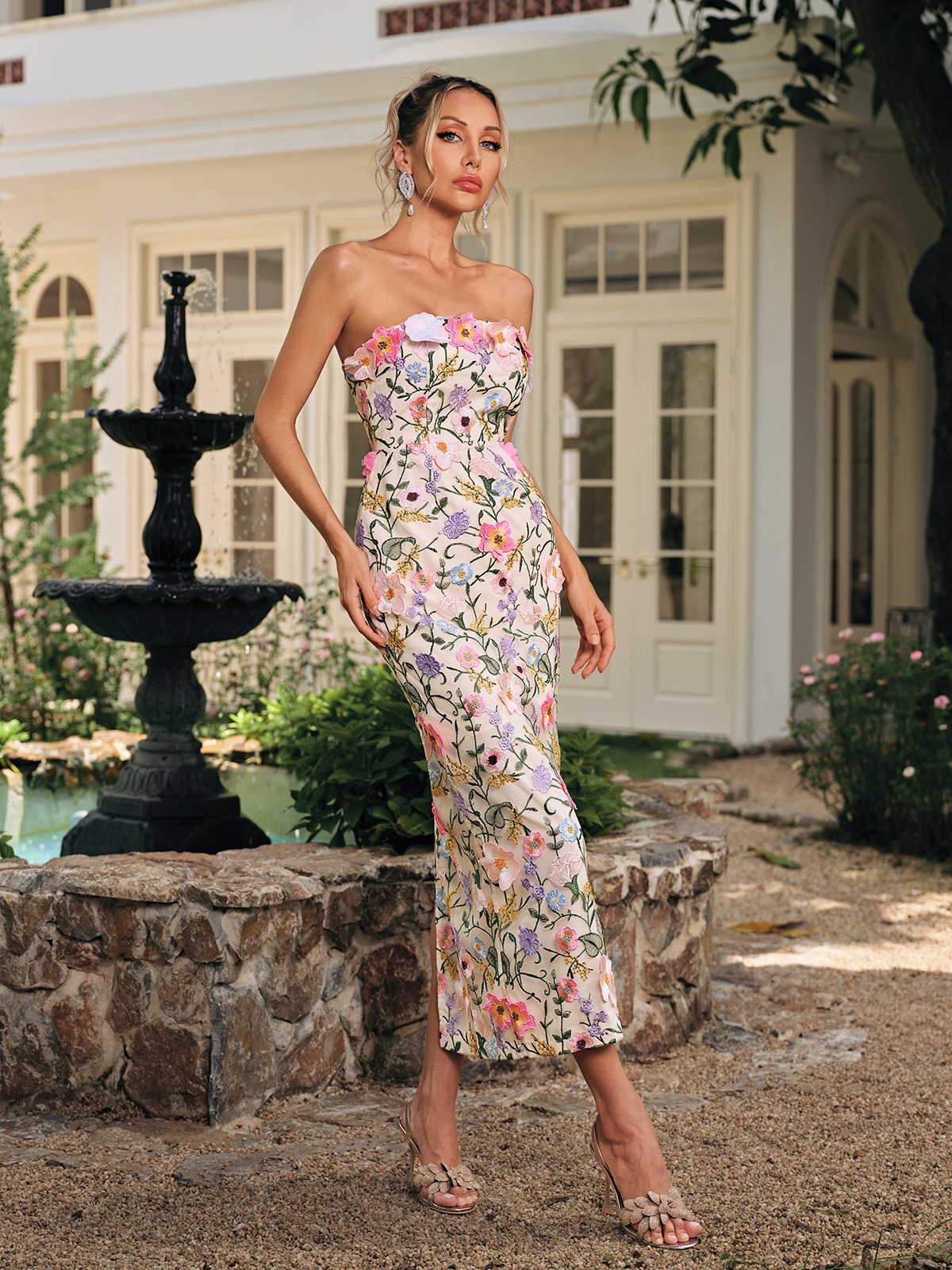 Daelyr Strapless Flower Embroidered Midi Dress