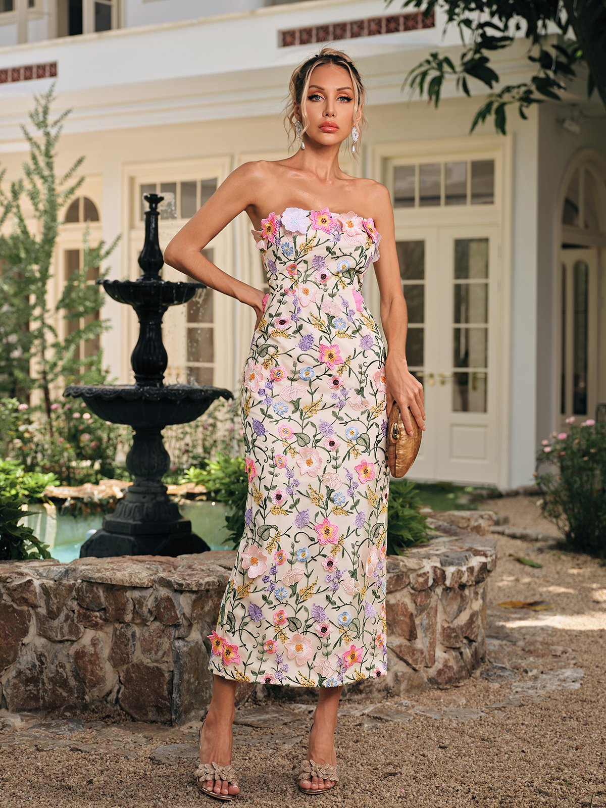 Daelyr Strapless Flower Embroidered Midi Dress