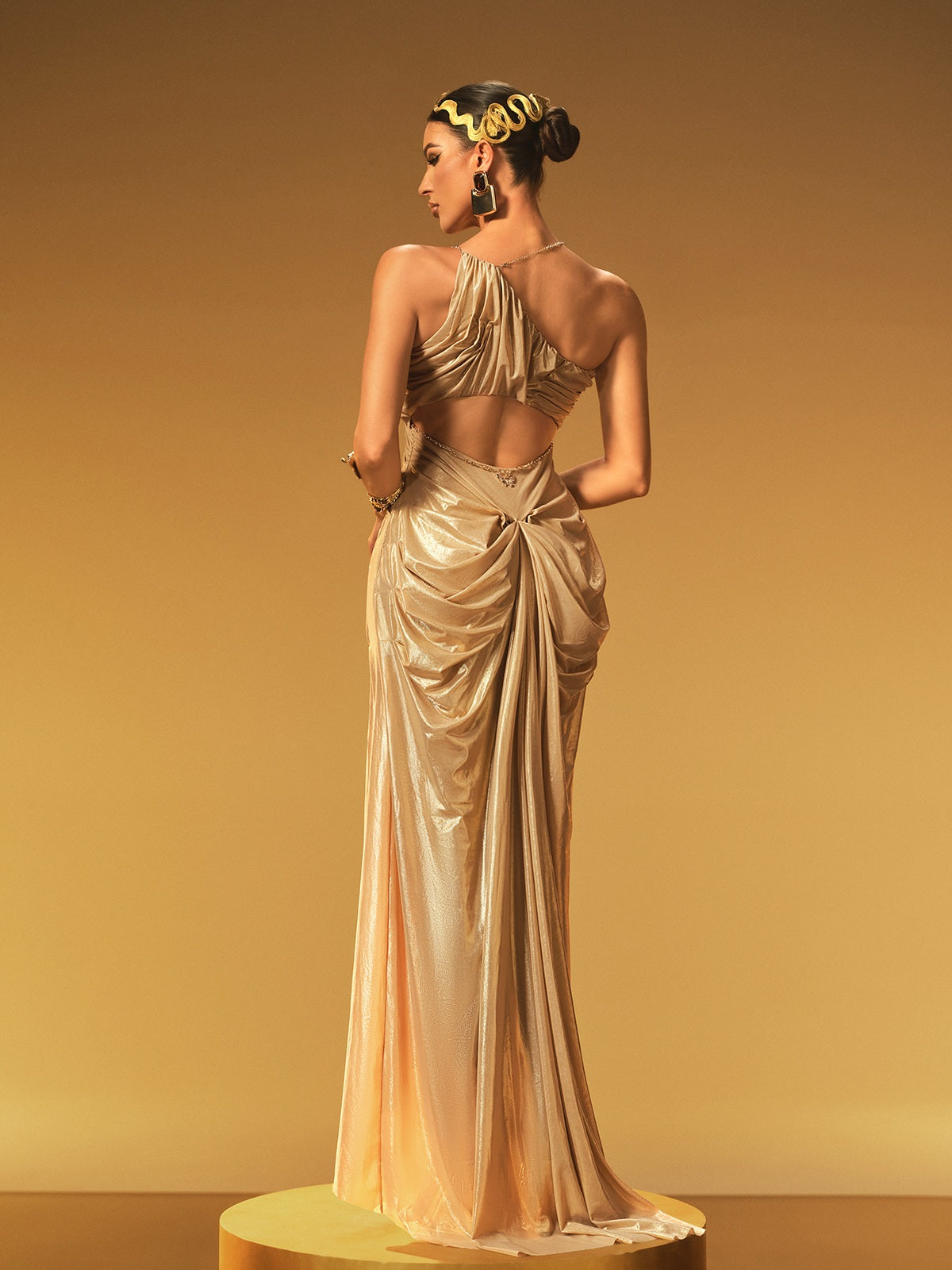 Daiki Halterneck Ruched Maxi Dress In Brown