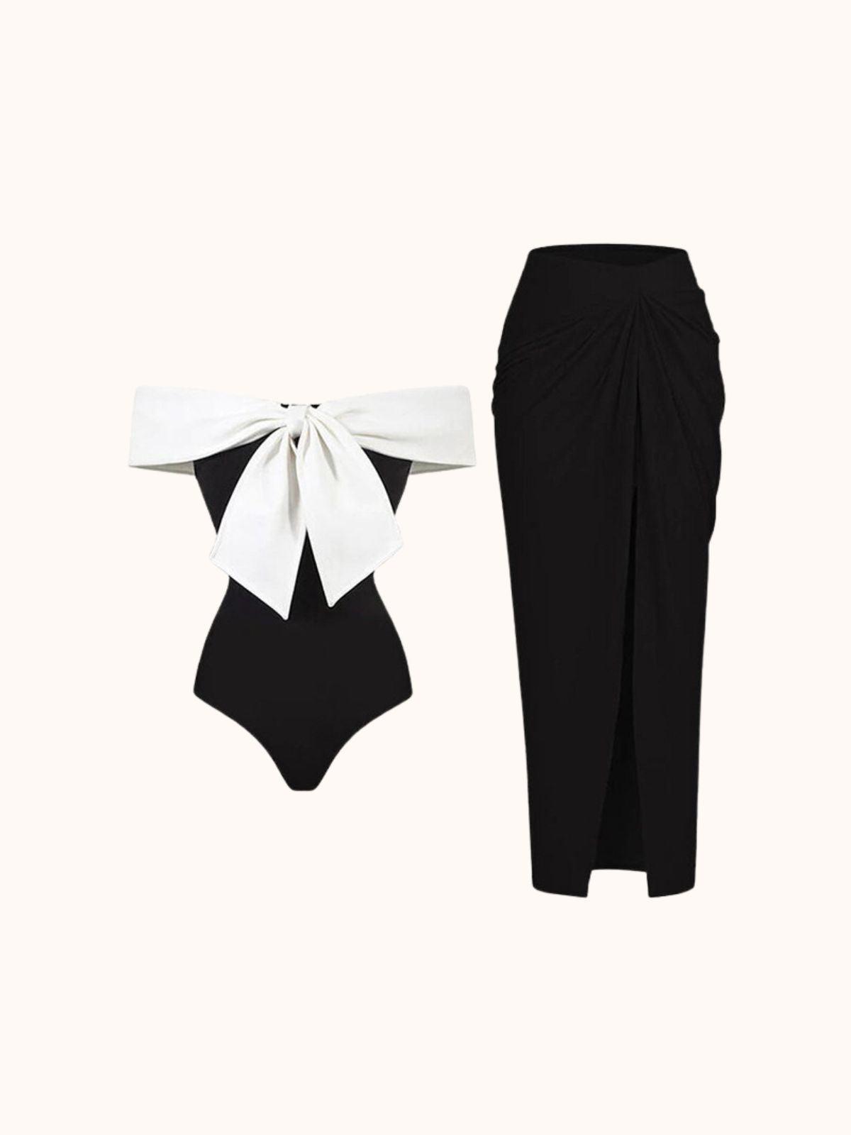 Daisy Off Shoulder Two Piece Swimwear Set in stylish black and multi colors, perfect for beach outings and summer fun.