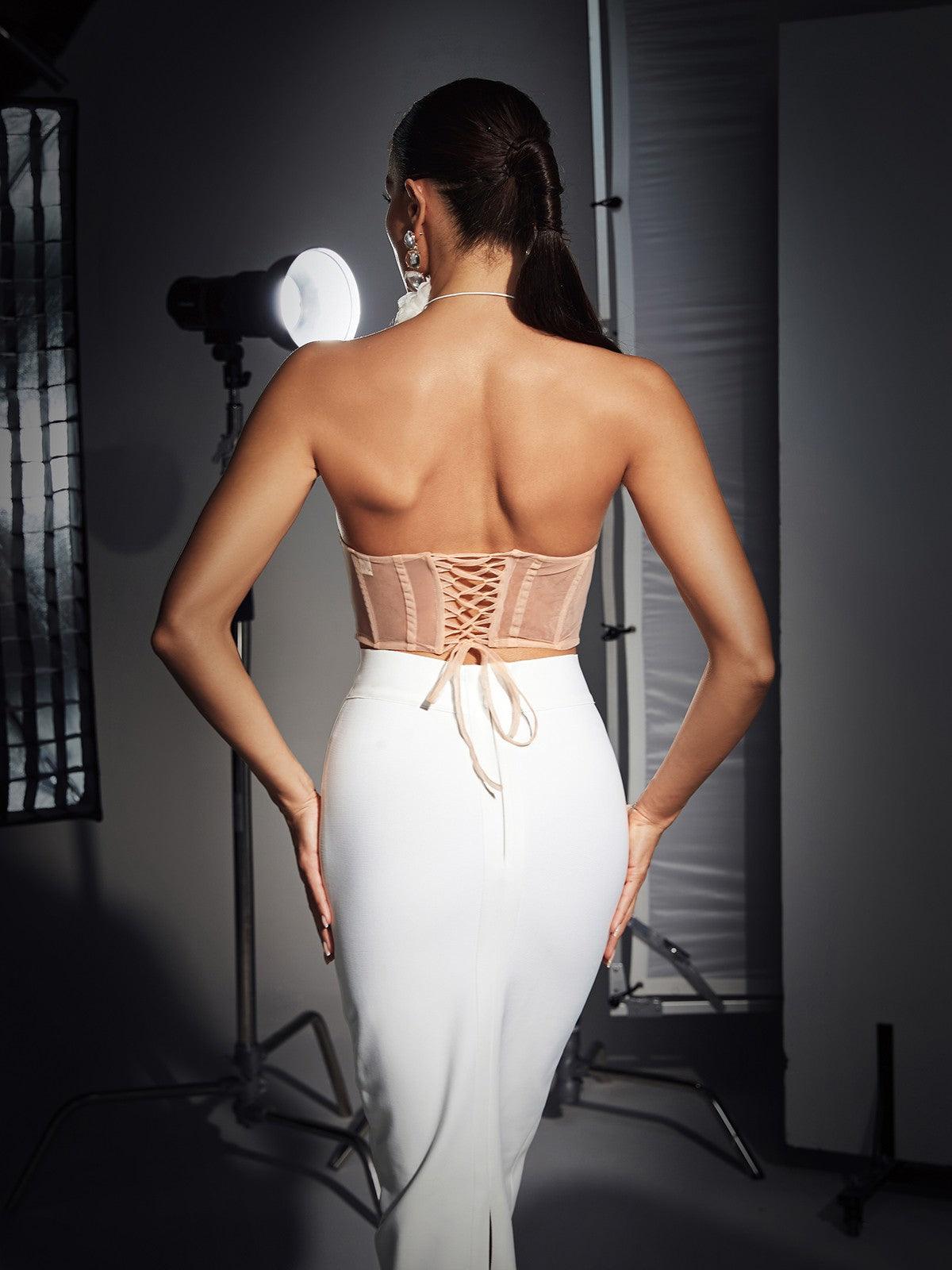 Dana Shell Mesh Lace Up Corset Top In Beige