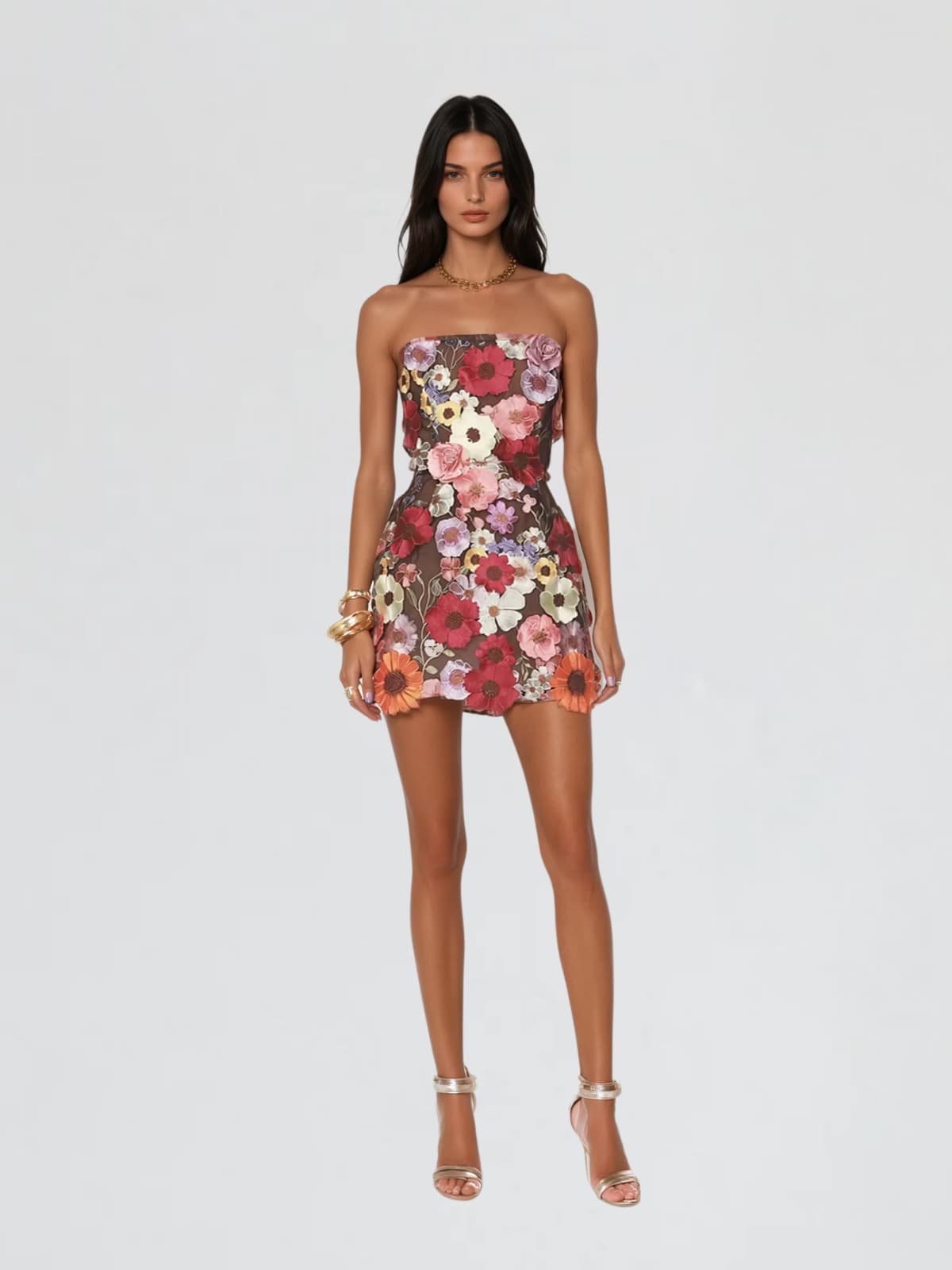 Danielle Strapless Flower Embroidered Mini Dress In Multi
