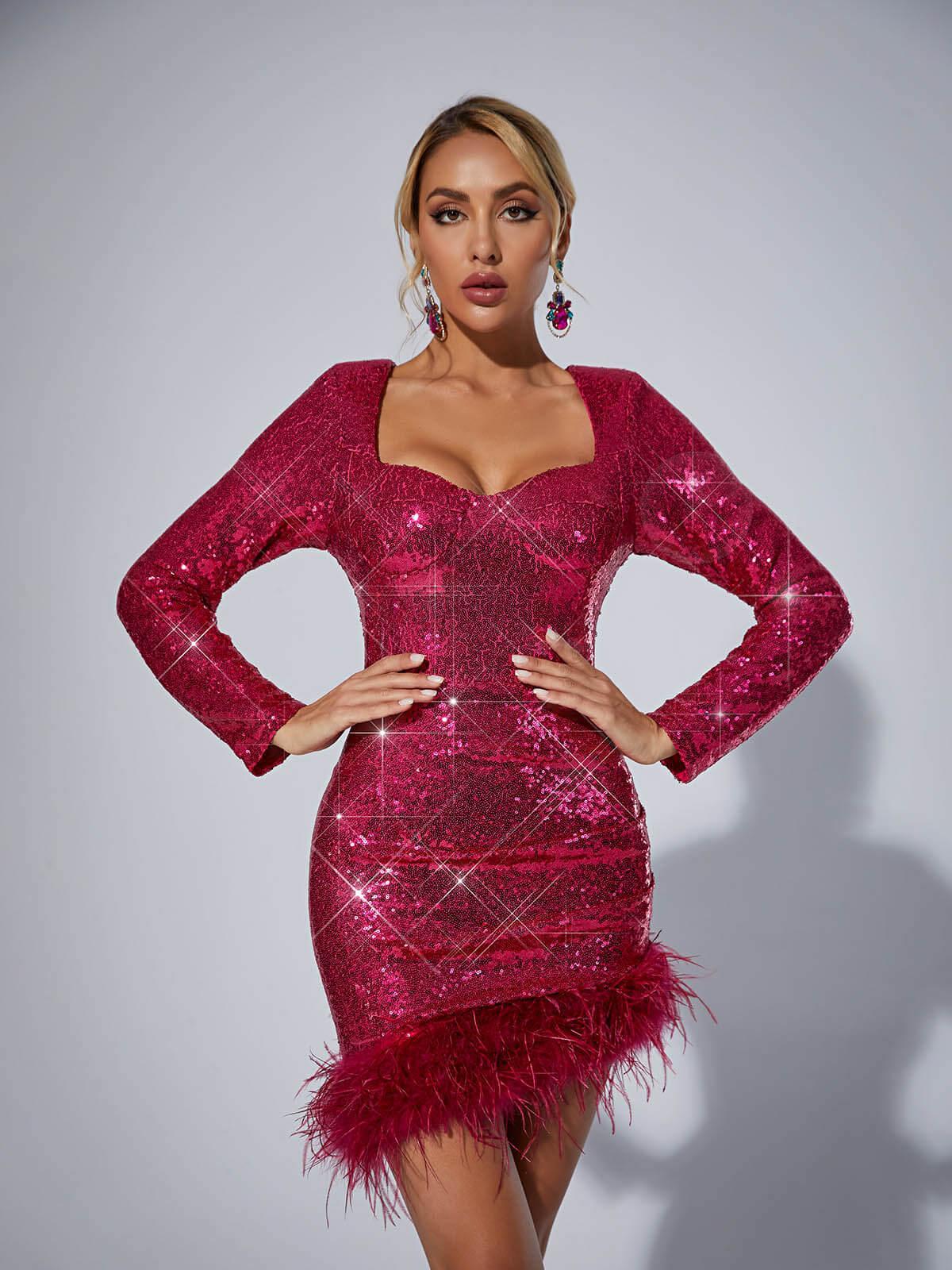 Daria Sequin Feather Mini Dress in hot pink showcasing stunning feathers and sequins, perfect for cocktail events.