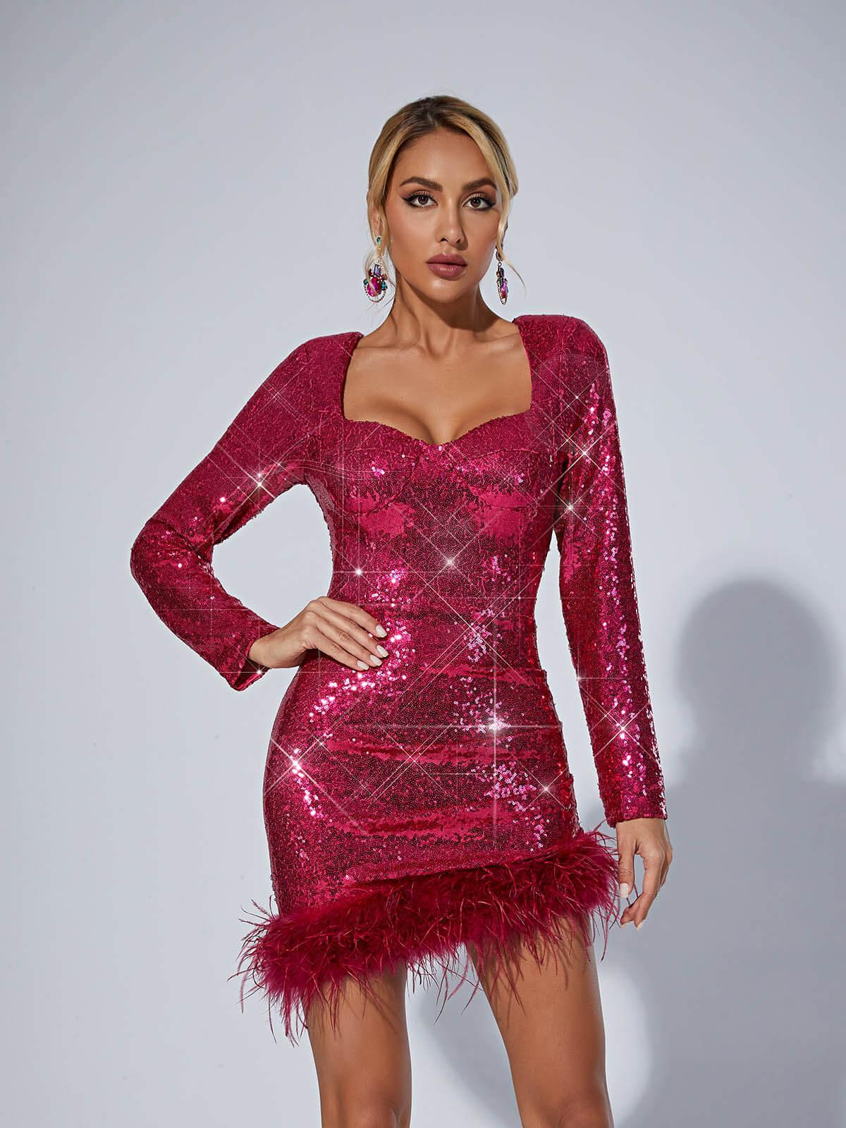 Close-up of the sequin detailing on the Daria Hot Pink Mini Dress, highlighting its luxurious and eye-catching design.