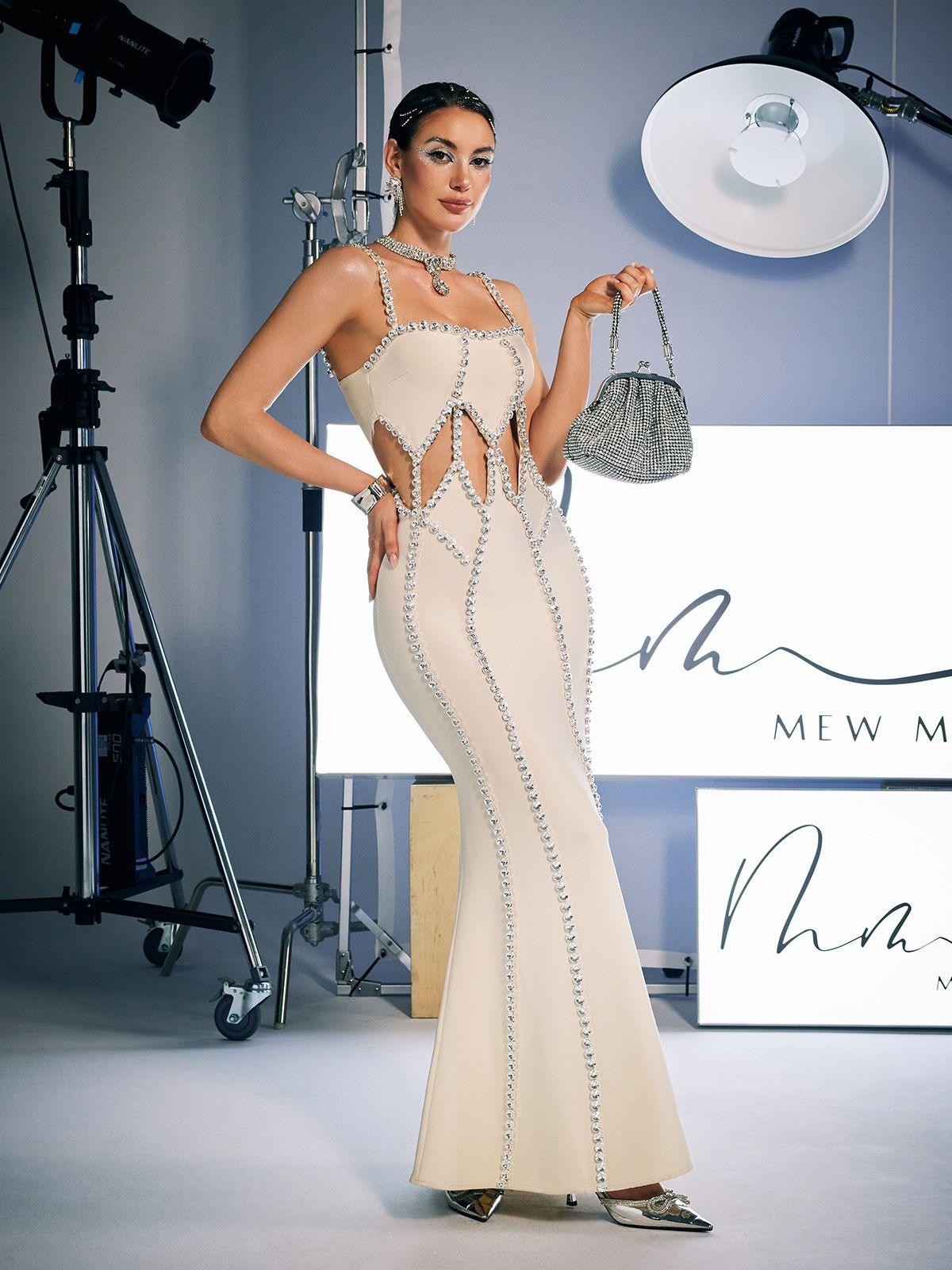 Dario Spaghetti Crystal Cutout Bandage Dress featuring elegant crystal accents and a stylish cutout design.