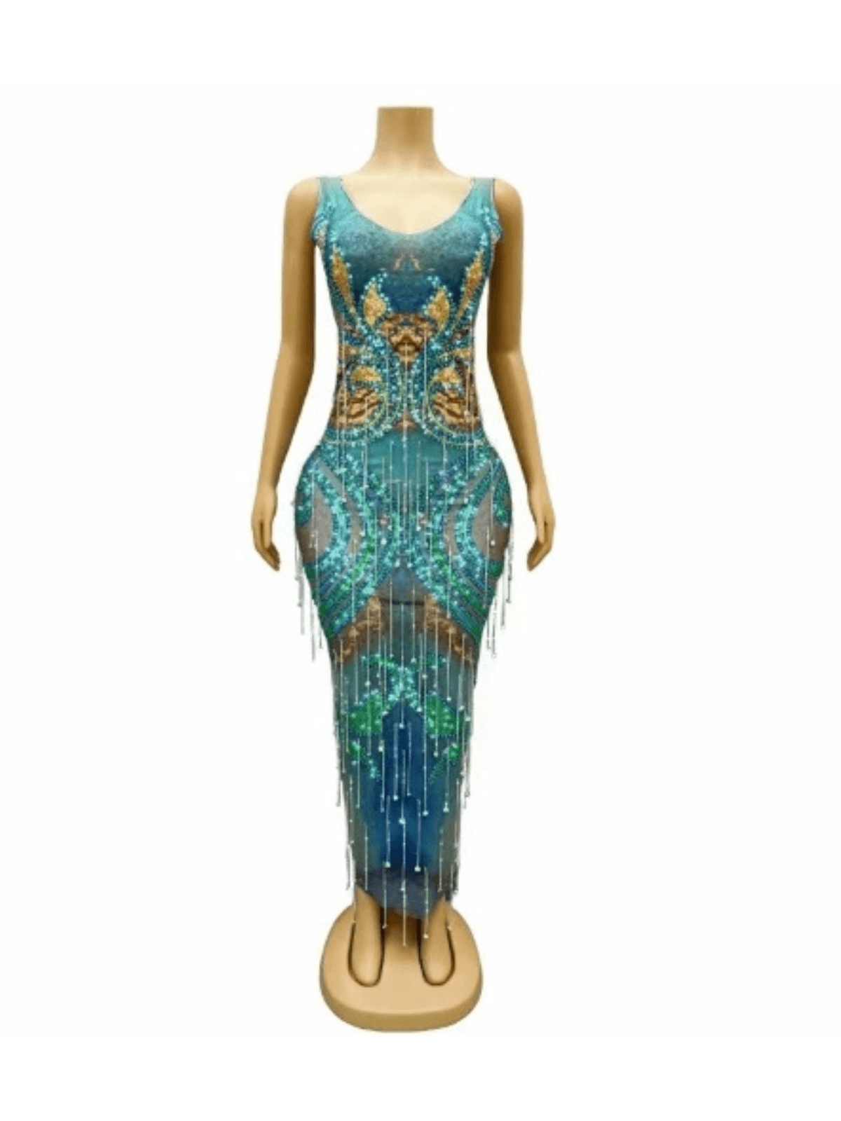 Darrell Print Crystal Fringe Maxi Dress featuring elegant crystal fringe and a vibrant print, perfect for special occasions.
