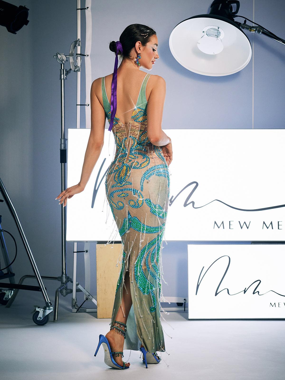Darrell Print Crystal Fringe Maxi Dress featuring elegant crystal fringe and a vibrant print, perfect for special occasions.