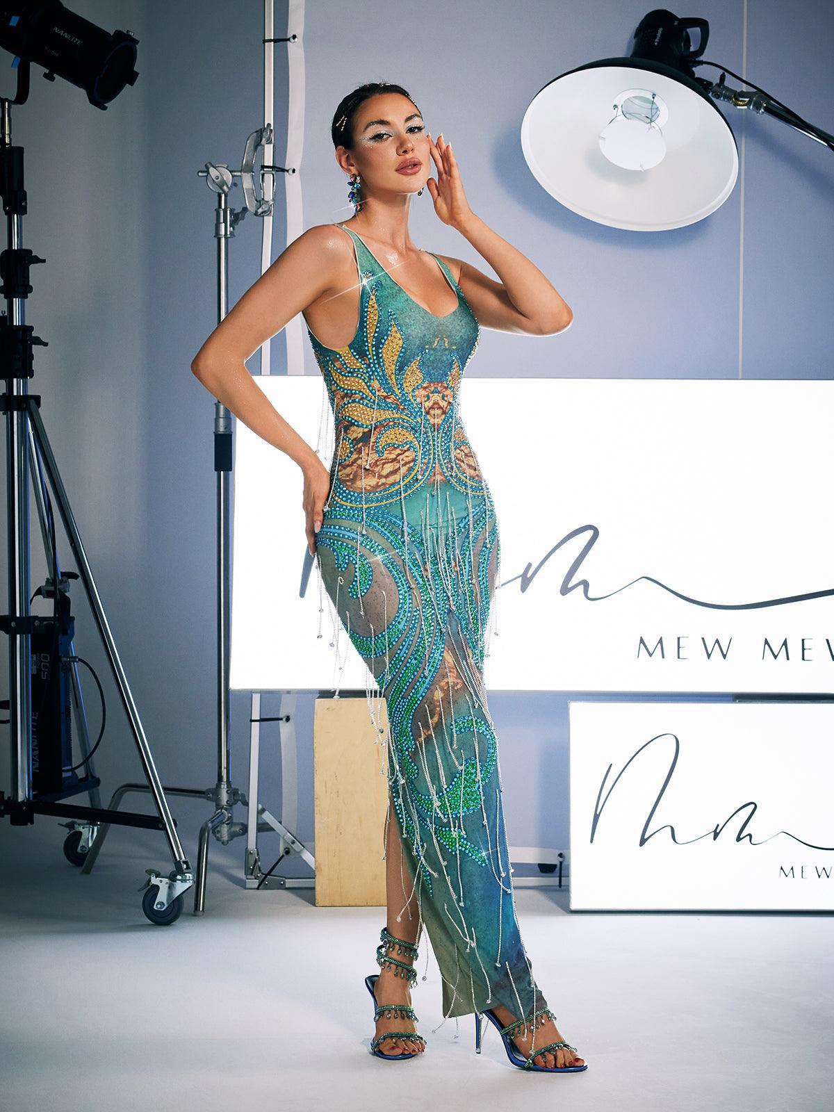 Darrell Print Crystal Fringe Maxi Dress featuring elegant crystal fringe and a vibrant print, perfect for special occasions.