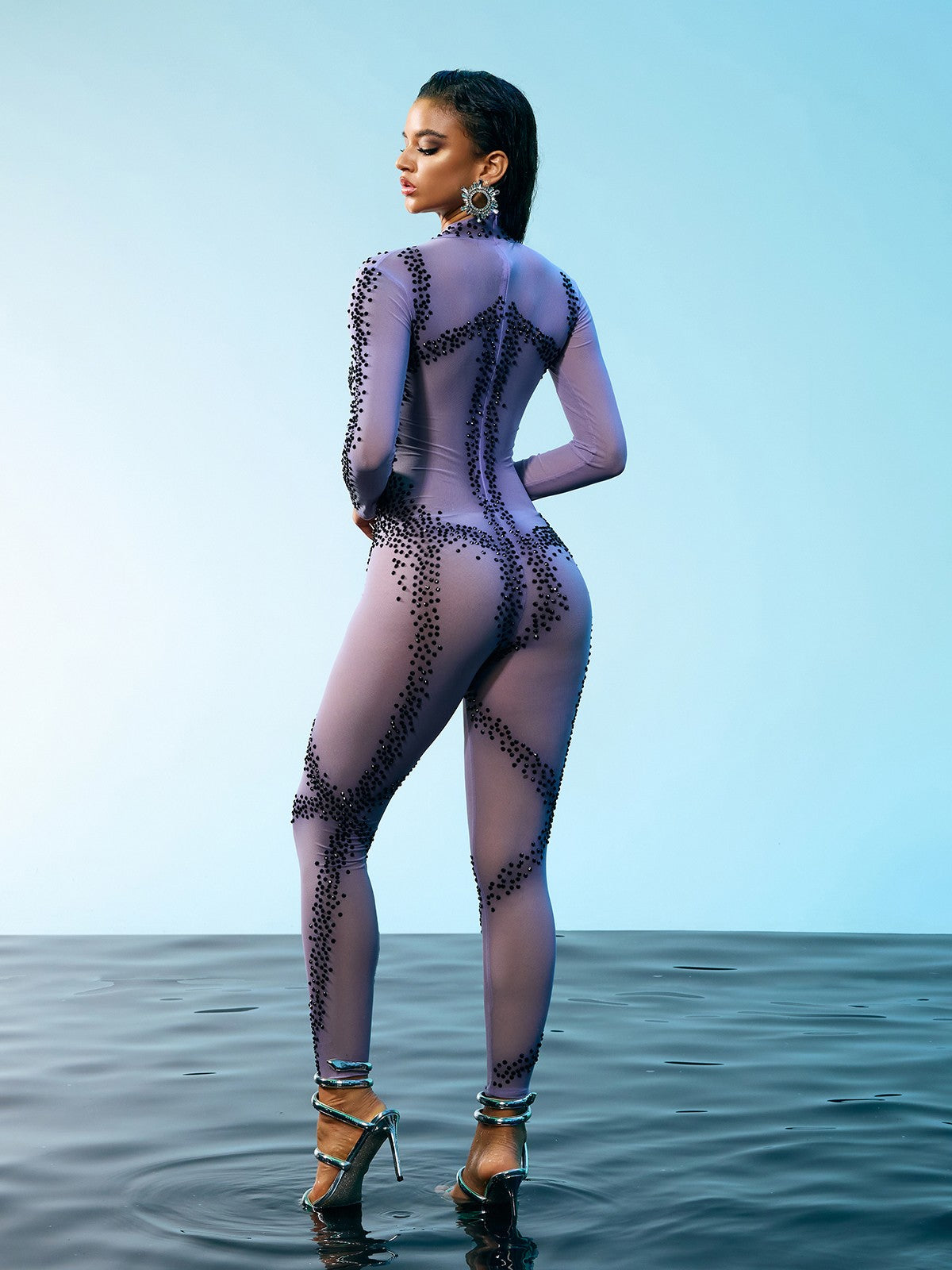 Dasani Printed Rhinestone Jumpsuit in purple featuring stylish rhinestone embellishments for a chic look.