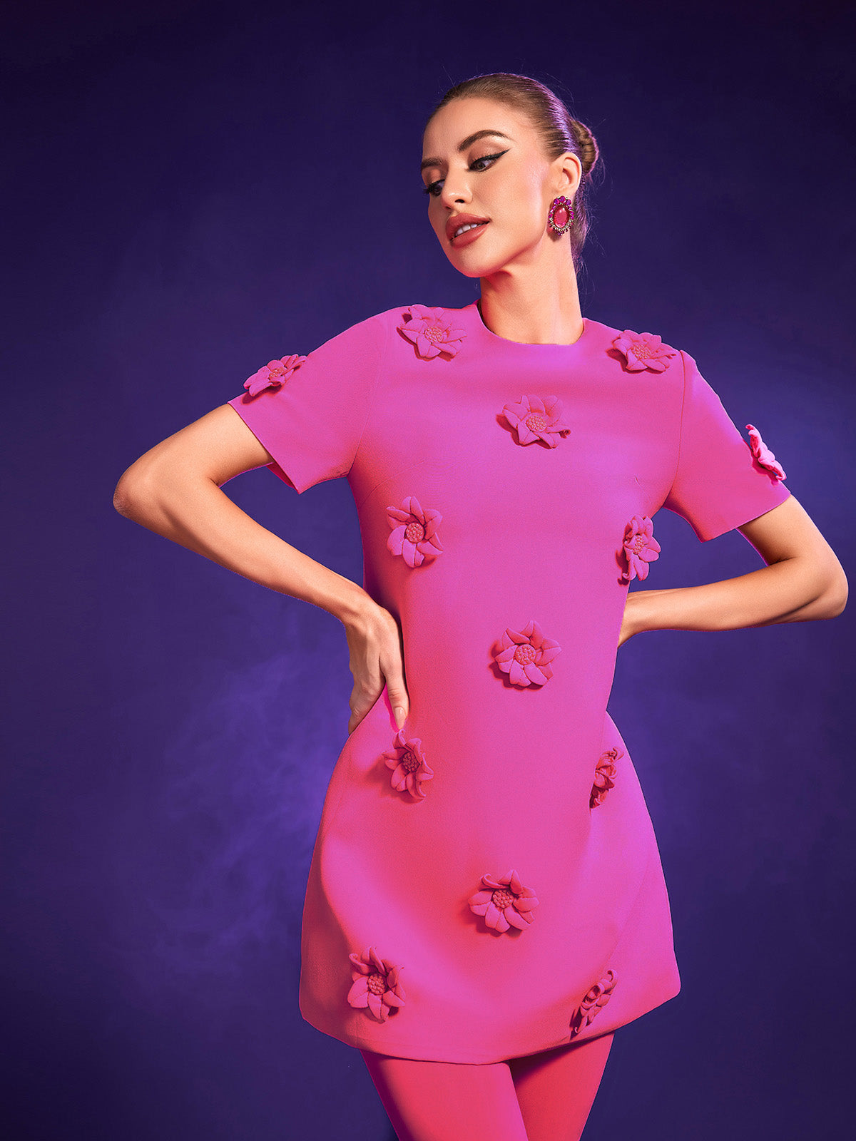 Dashiell Short Sleeve Floral Embellished Mini Dress in pink, perfect for weddings and special occasions.