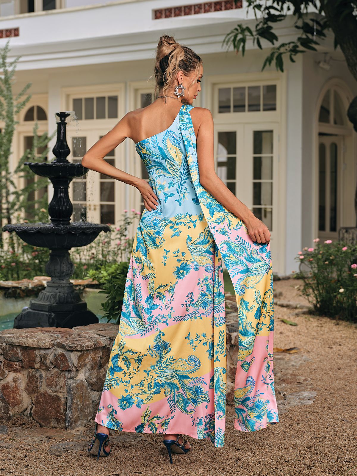 Dazra One Shoulder Printed Scarf Maxi Dress