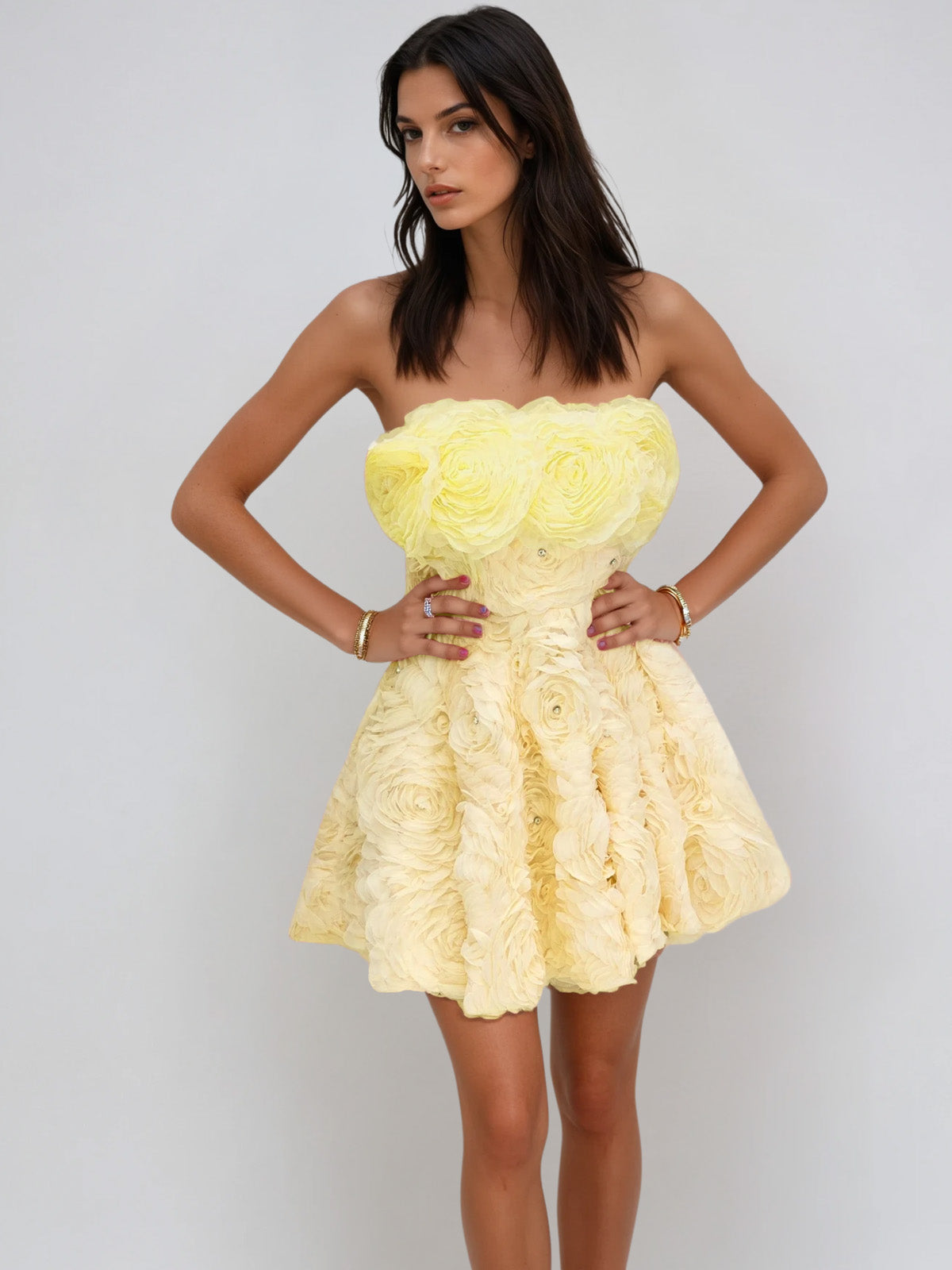 Dazrik Strapless Flower Rhinestone Mini Dress In Yellow