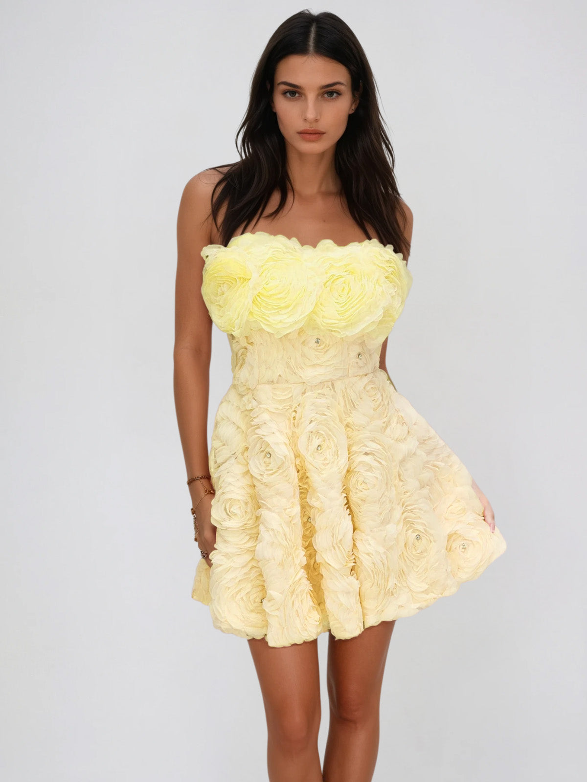 Dazrik Strapless Flower Rhinestone Mini Dress In Yellow