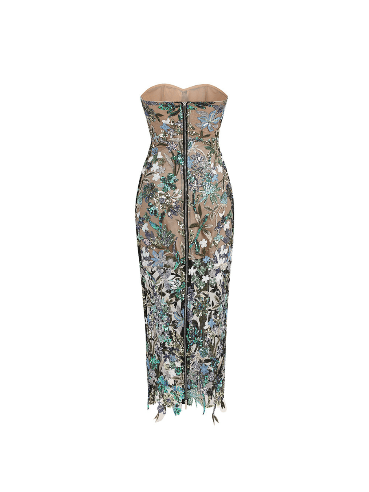 Debra Flower Embroidered Sequin Midi Dress in Grey with floral details and sequins for a stunning evening look.
