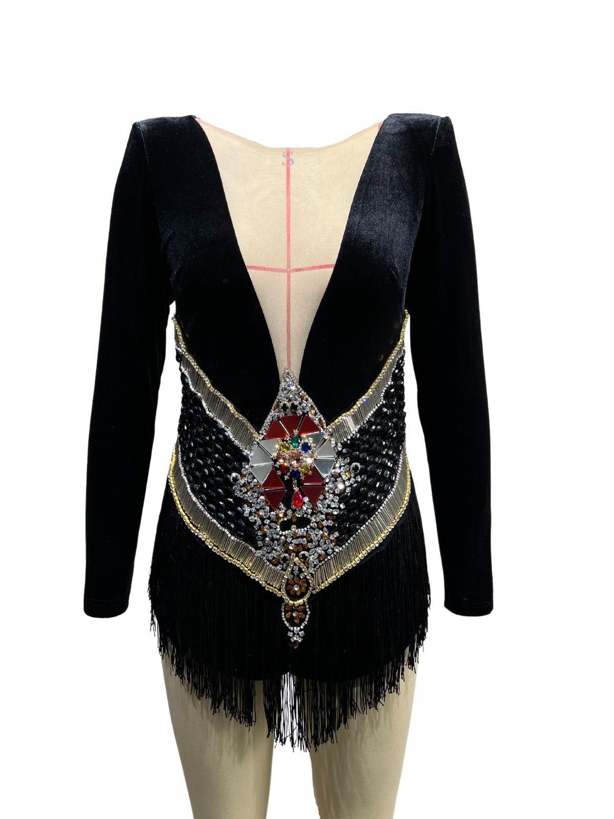 Decker Rhinestone Fringe Velvet Bodysuit in black, showcasing luxurious velvet fabric and sparkling fringe detailing for a stunning look.