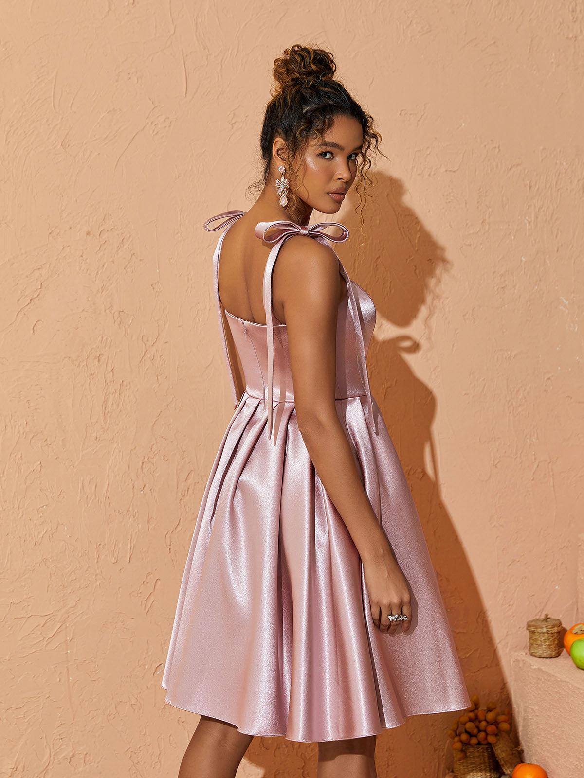 Deidra Satin Pleated Dress in pink, featuring elegant pleats and a comfortable fit for evening wear.