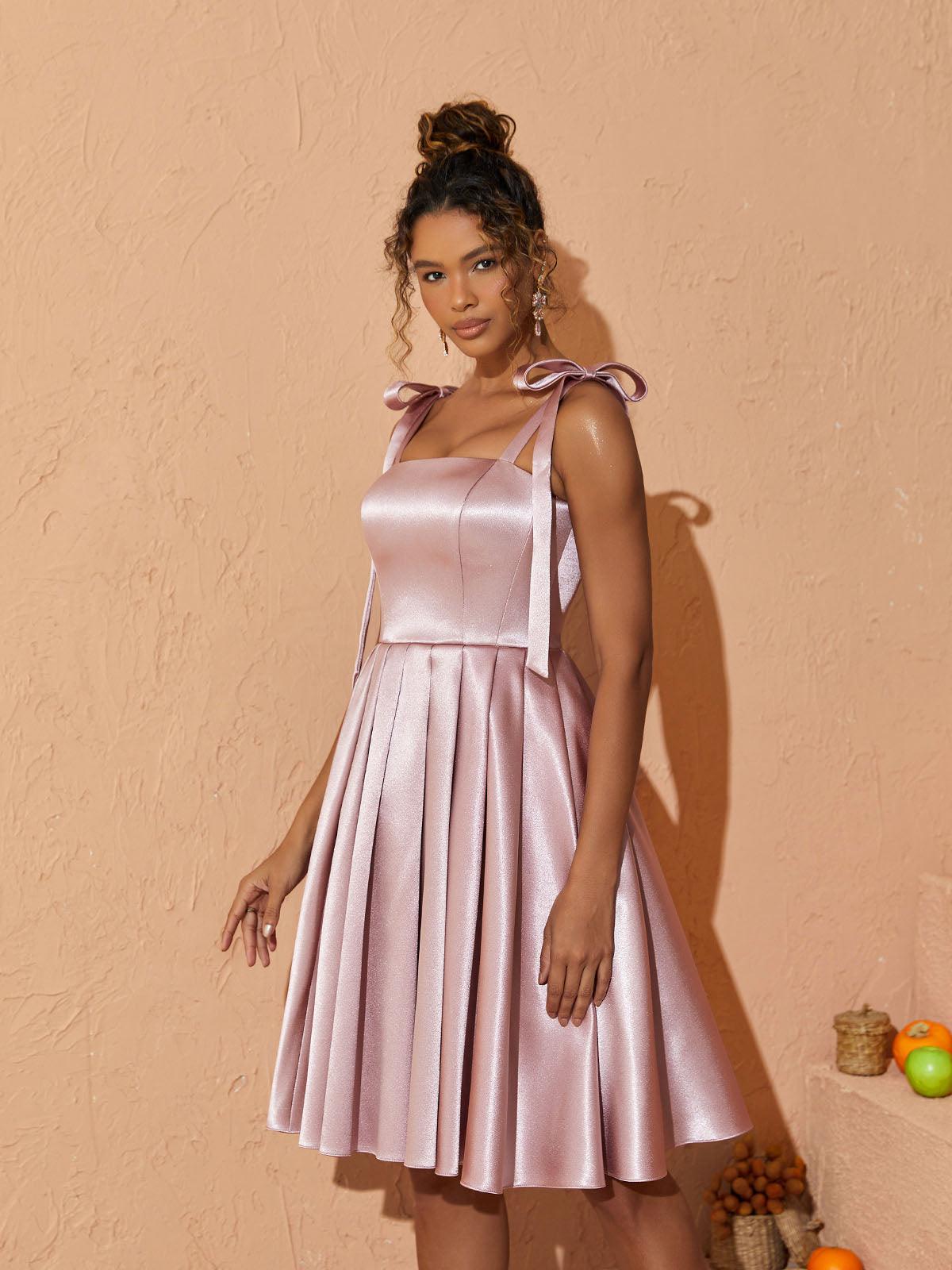 Deidra Satin Pleated Dress in pink, featuring elegant pleats and a comfortable fit for evening wear.