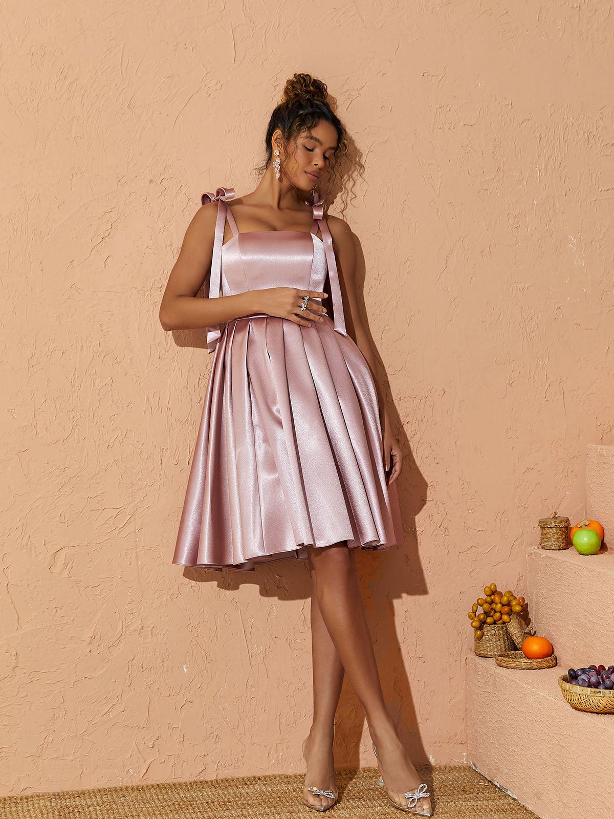 Deidra Satin Pleated Dress in pink, featuring elegant pleats and a comfortable fit for evening wear.