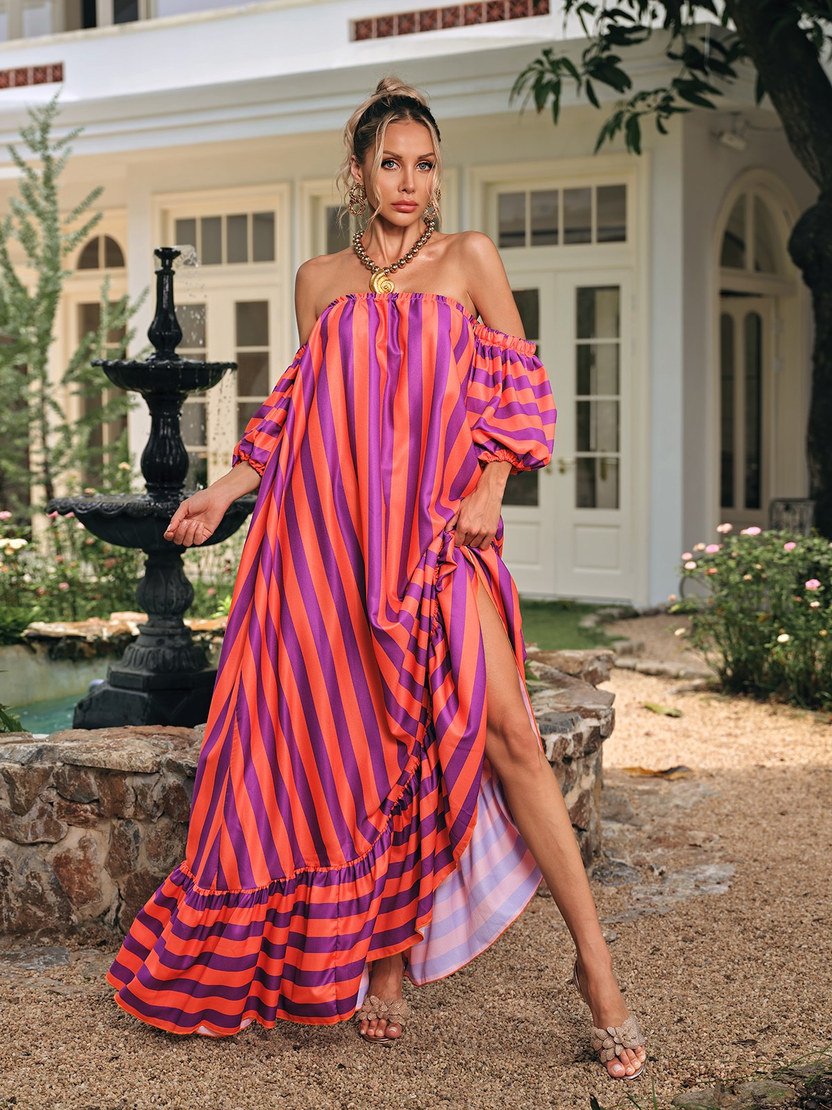 Delron Off Shoulder Stripe Maxi Dress