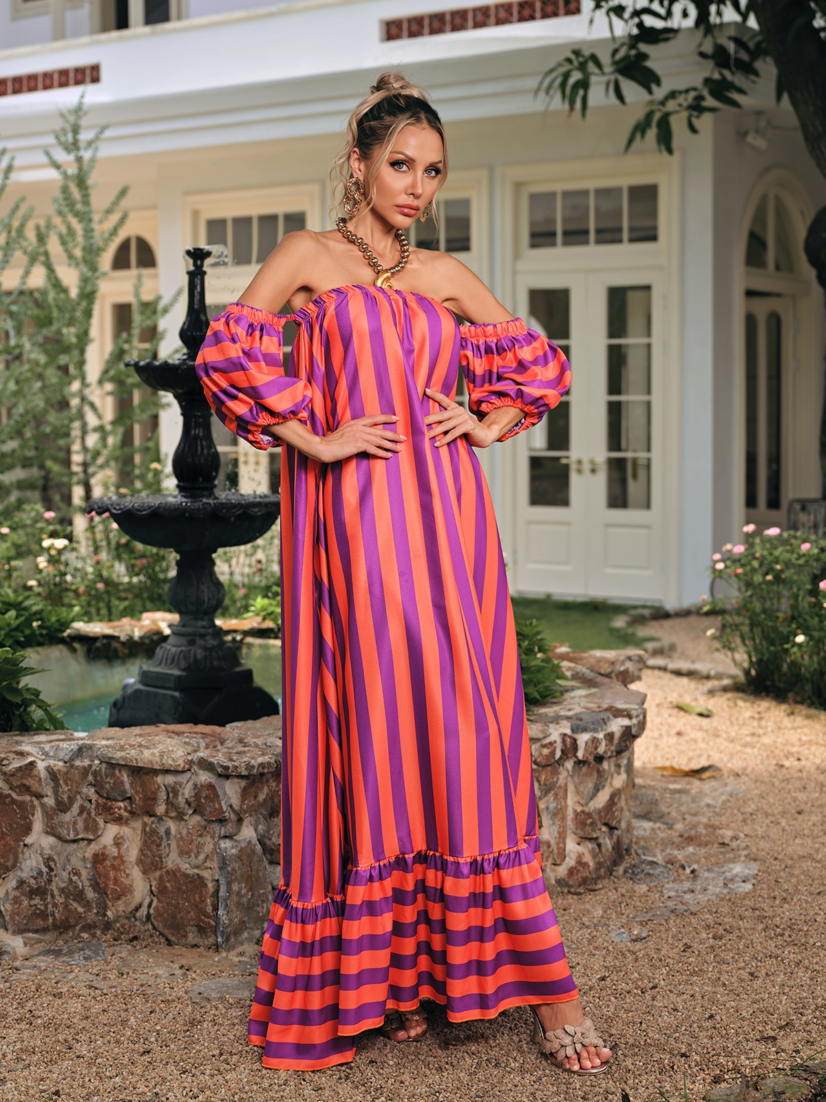 Delron Off Shoulder Stripe Maxi Dress