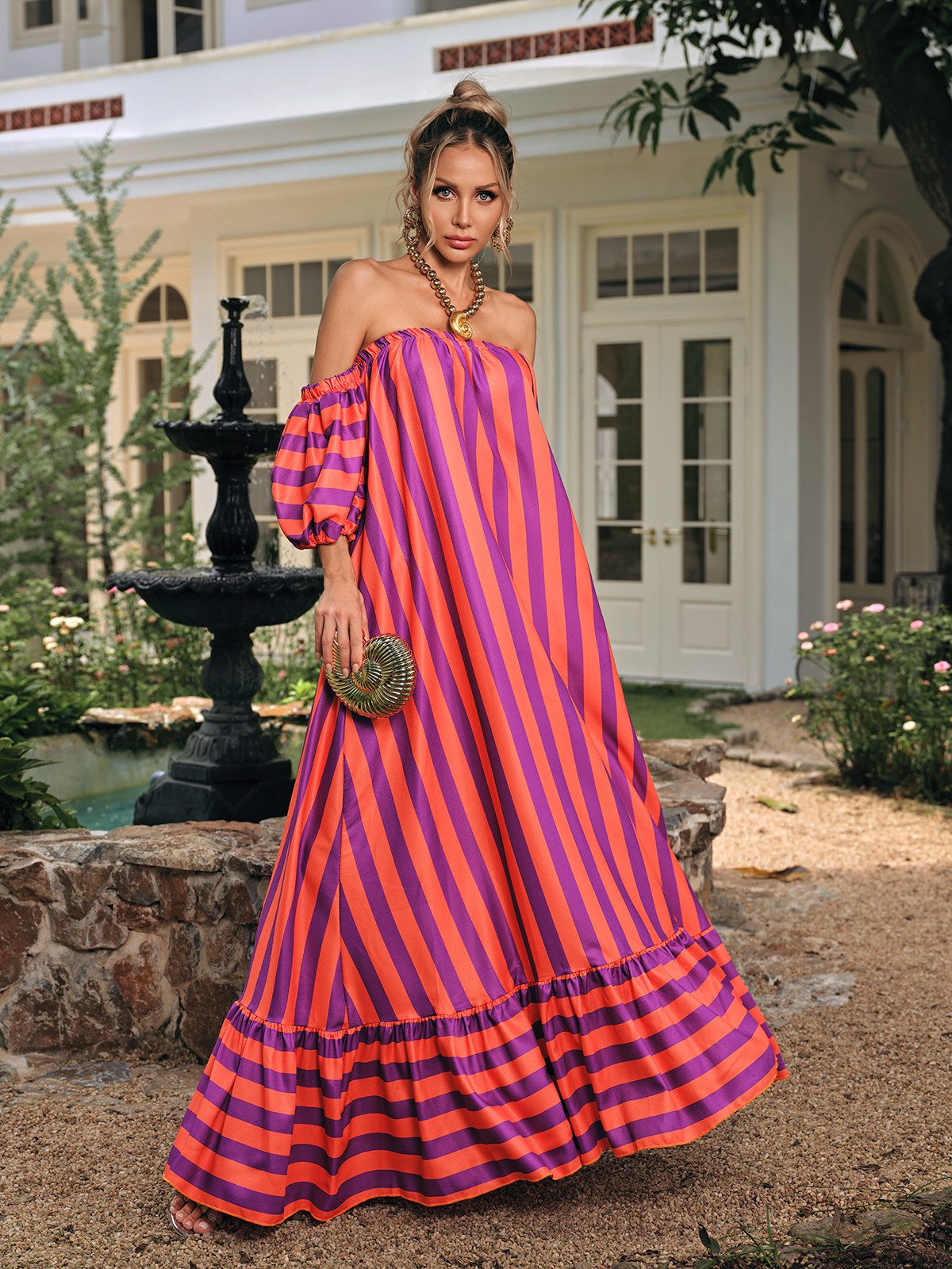 Delron Off Shoulder Stripe Maxi Dress