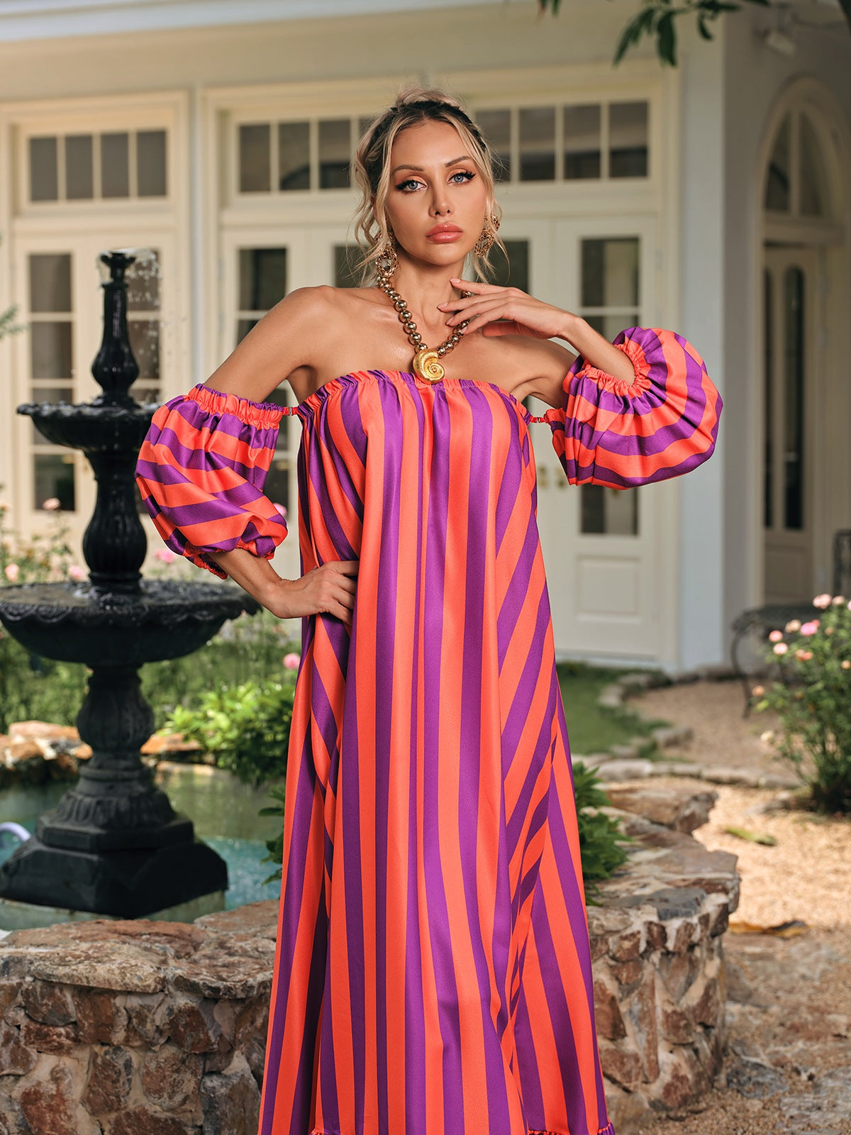 Delron Off Shoulder Stripe Maxi Dress