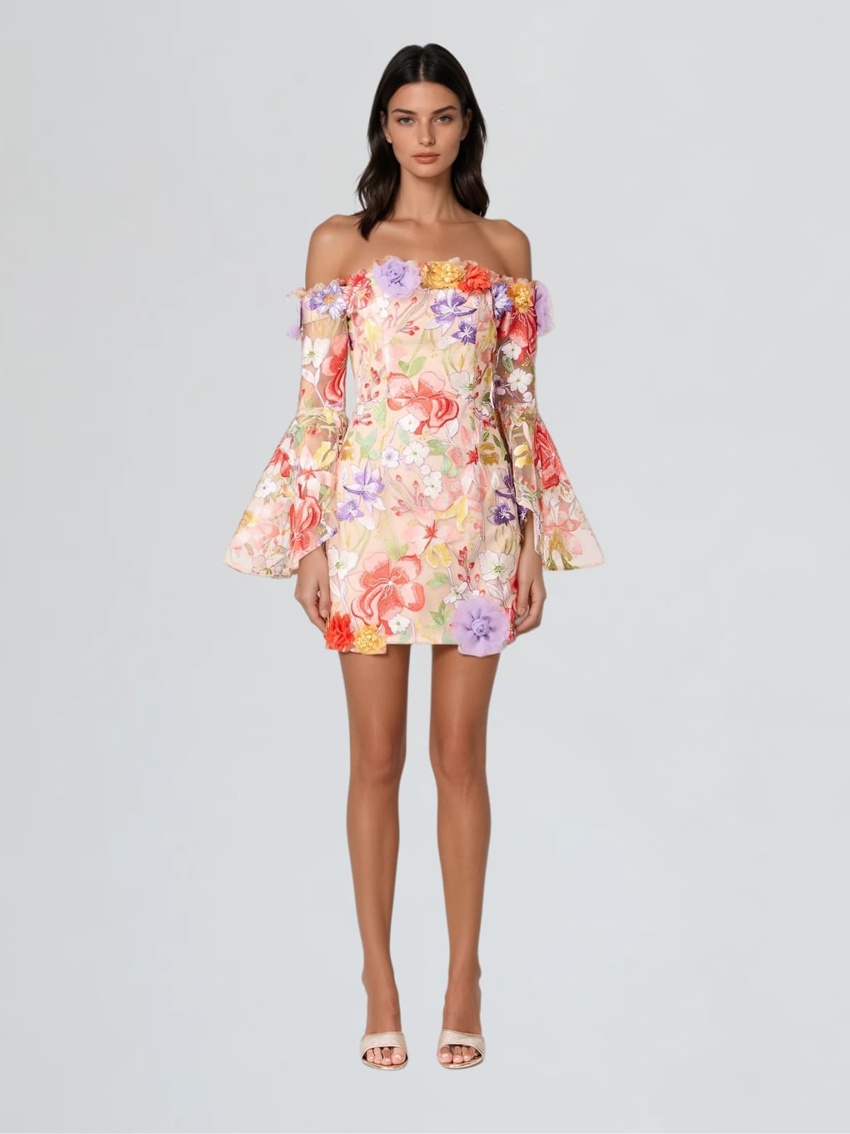 Deltria Off Shoulder Flower Embroidered Mini Dress