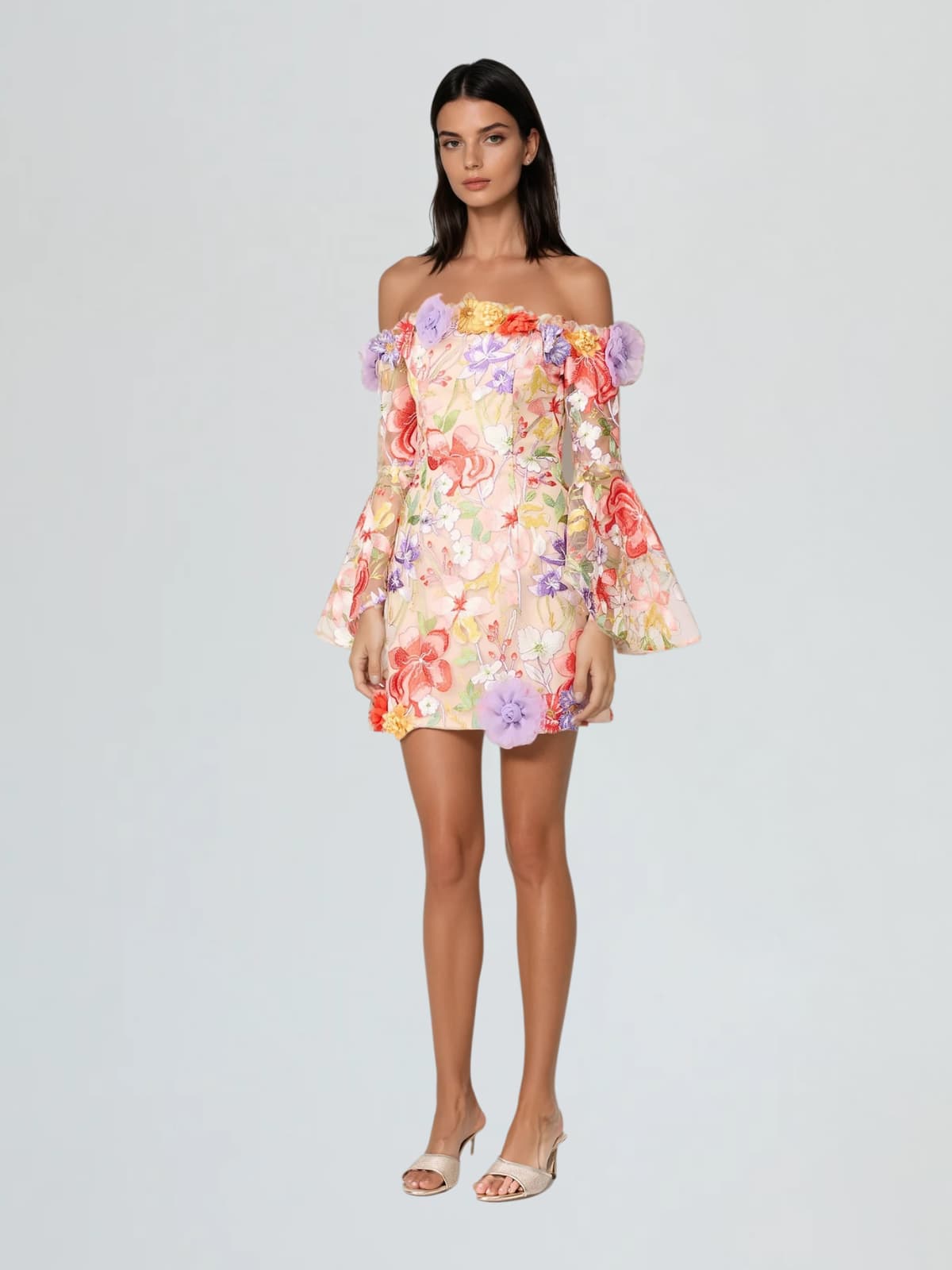 Deltria Off Shoulder Flower Embroidered Mini Dress