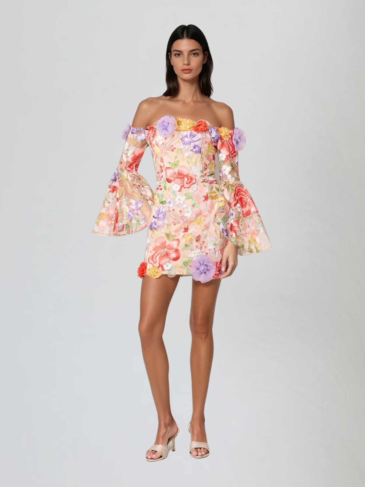 Deltria Off Shoulder Flower Embroidered Mini Dress