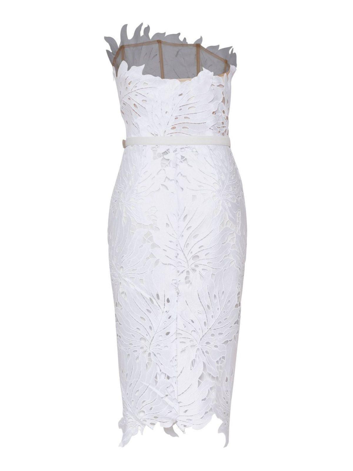Despina White Lace Midi Dress showcasing intricate lace details and a sophisticated design, ideal for special occasions.