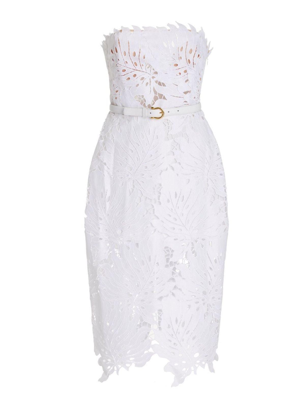 Despina White Lace Midi Dress showcasing intricate lace details and a sophisticated design, ideal for special occasions.