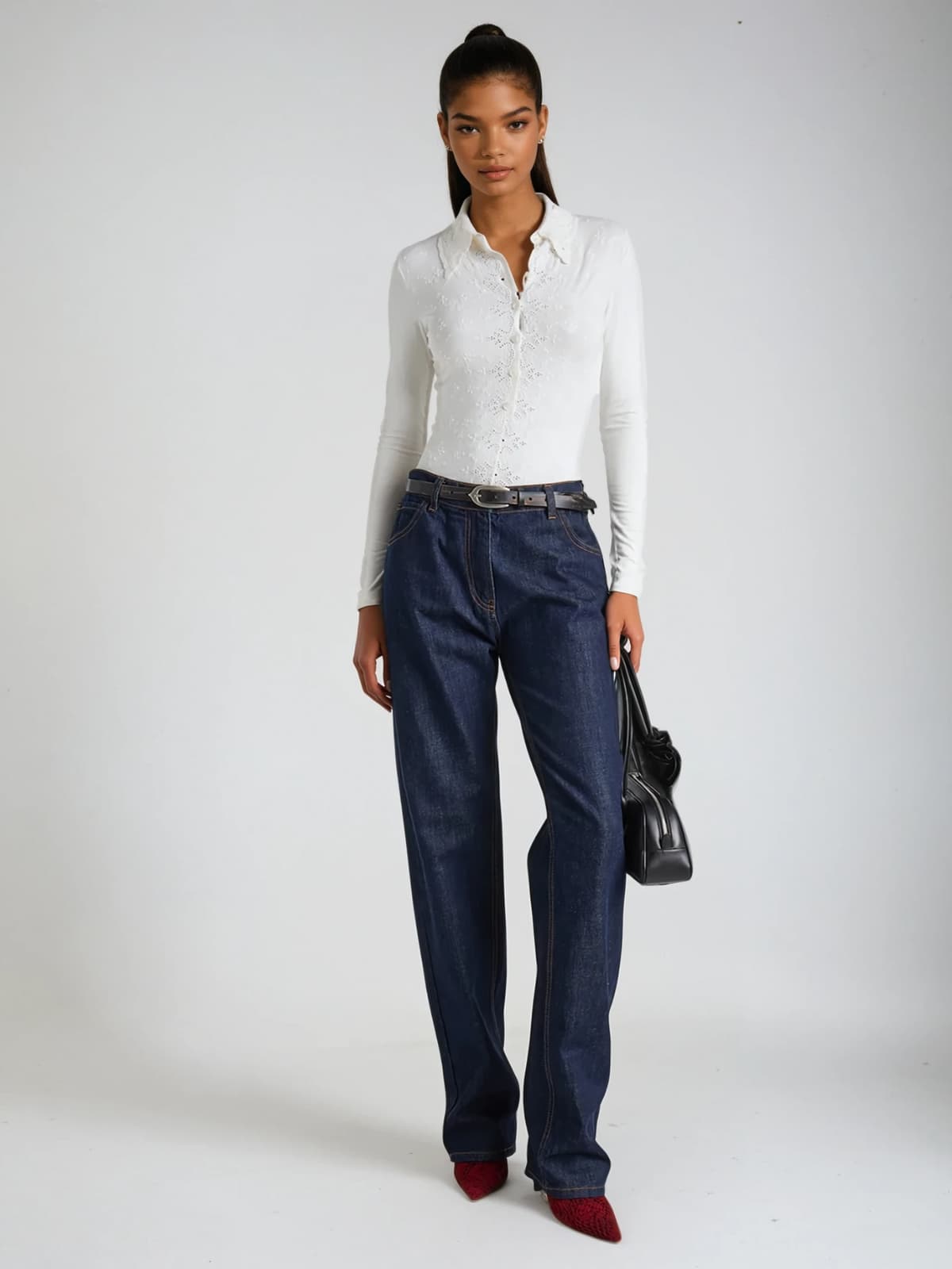 Diatoma Folded Collar Embroidered Bodysuit