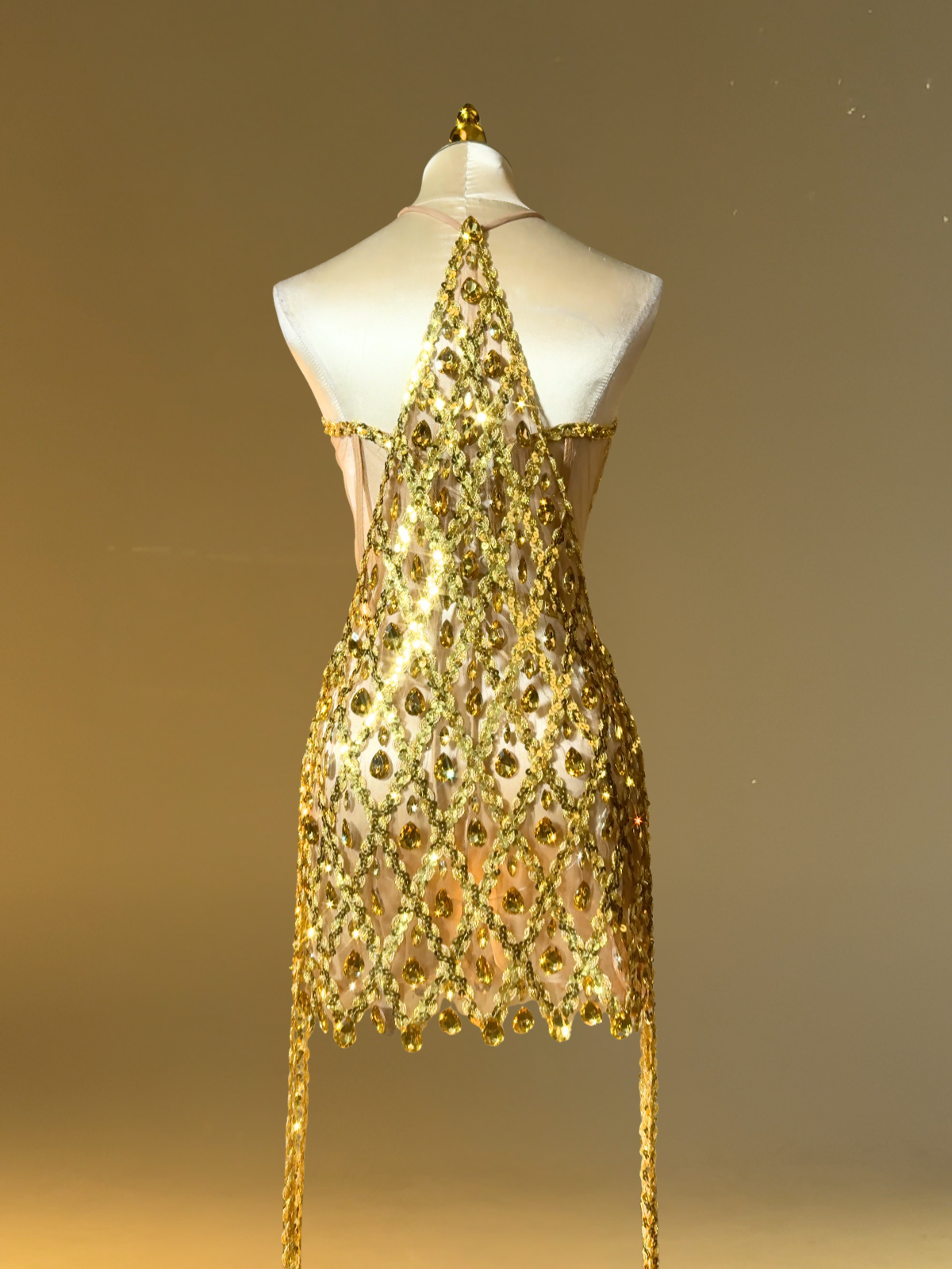 Diego Rhinestone Fringe Mini Dress In Gold