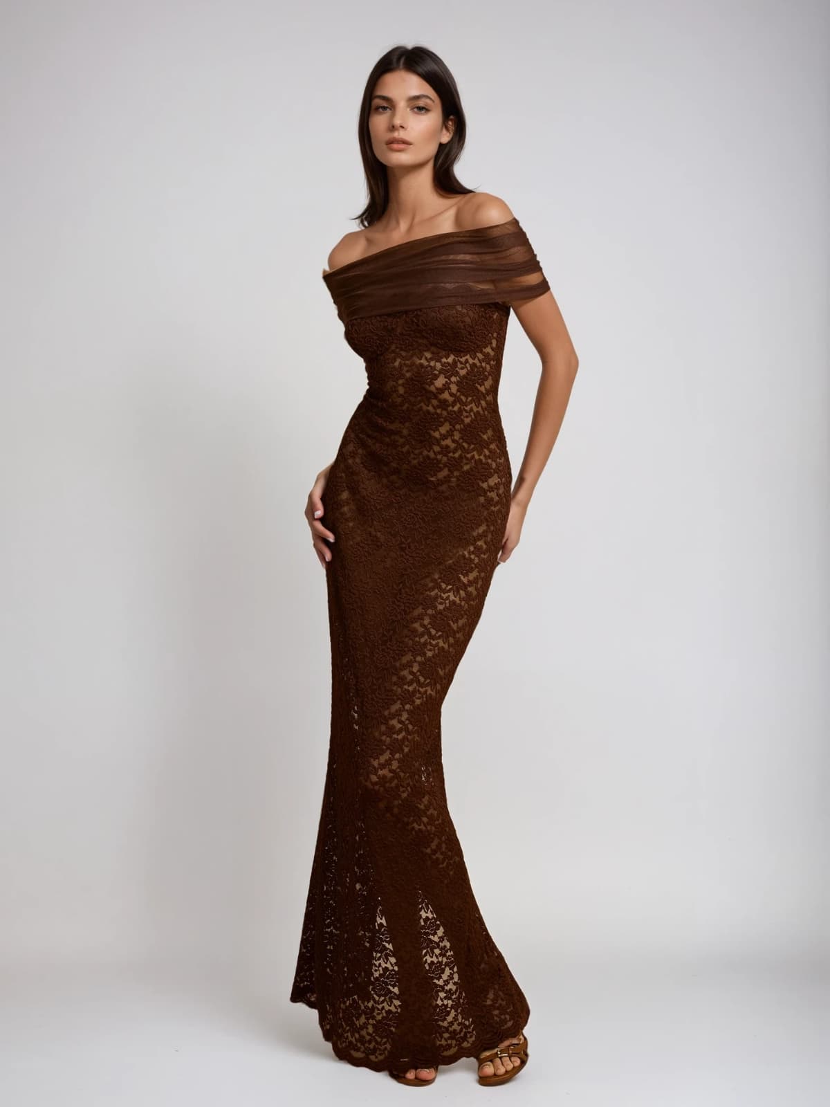 Dilaton Off Shoulder Lace Split Maxi Dress