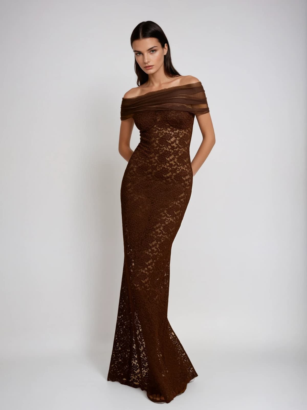 Dilaton Off Shoulder Lace Split Maxi Dress