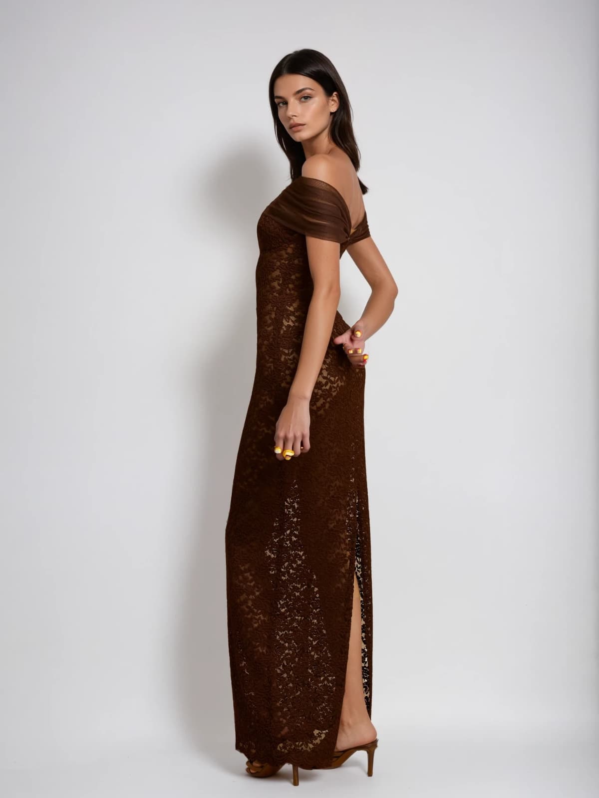 Dilaton Off Shoulder Lace Split Maxi Dress
