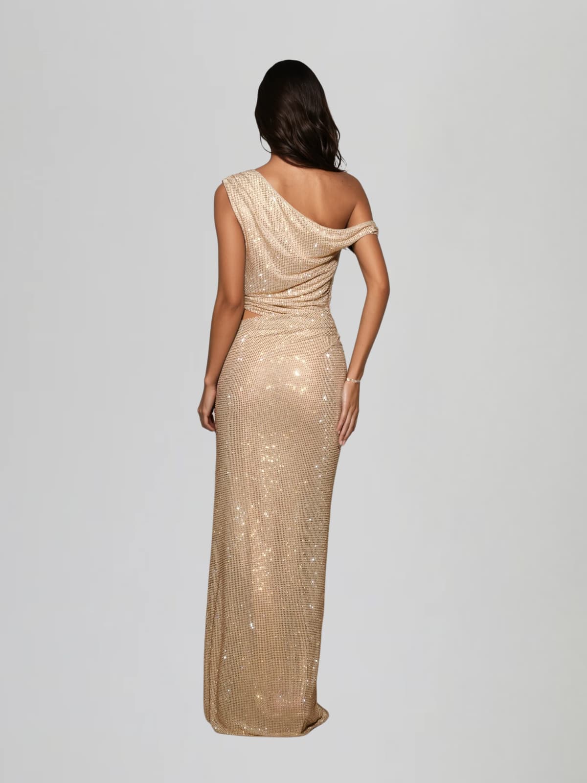 Diopter Cutout Rhinestone Maxi Dress In Apricot
