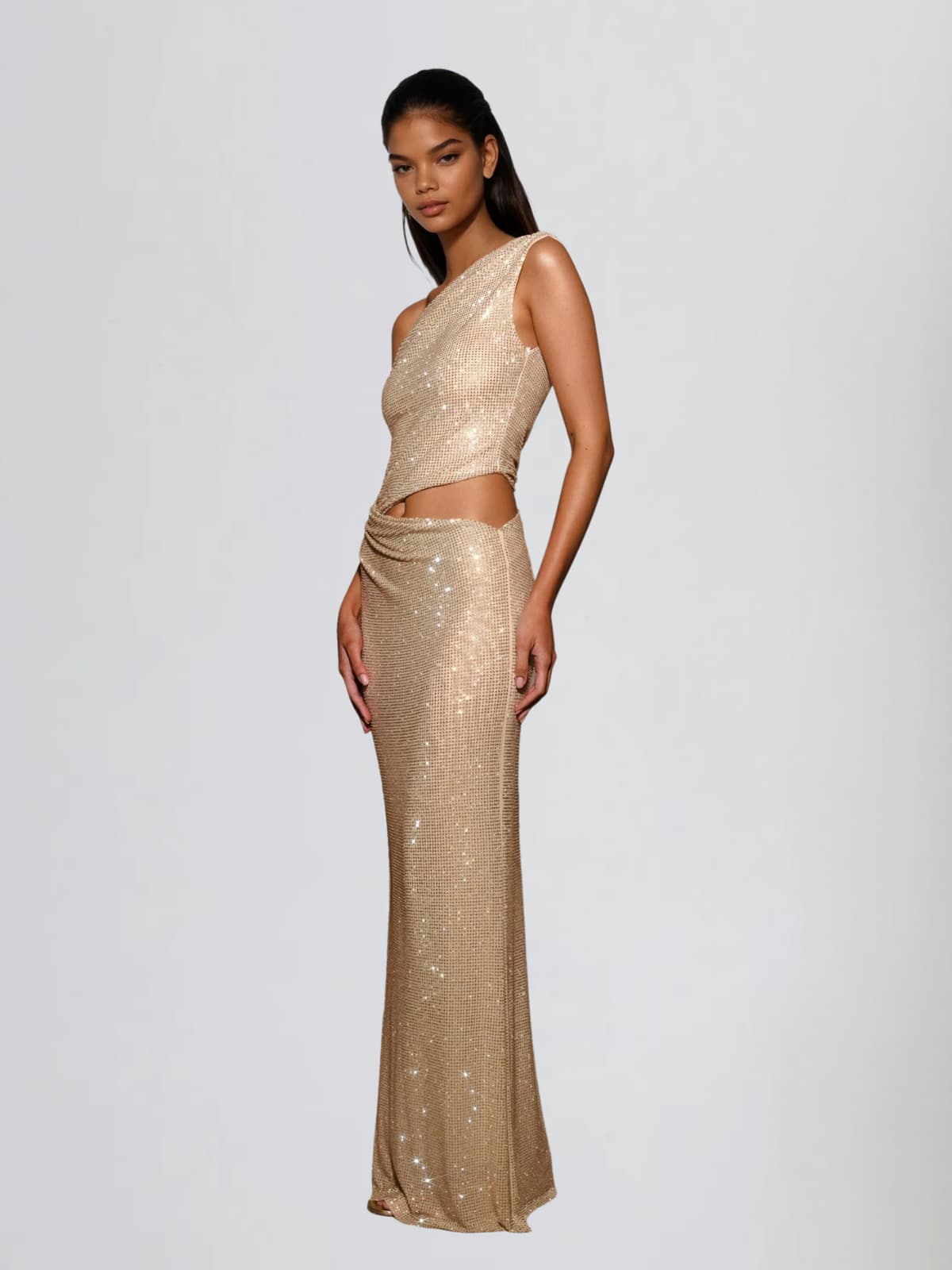 Diopter Cutout Rhinestone Maxi Dress In Apricot