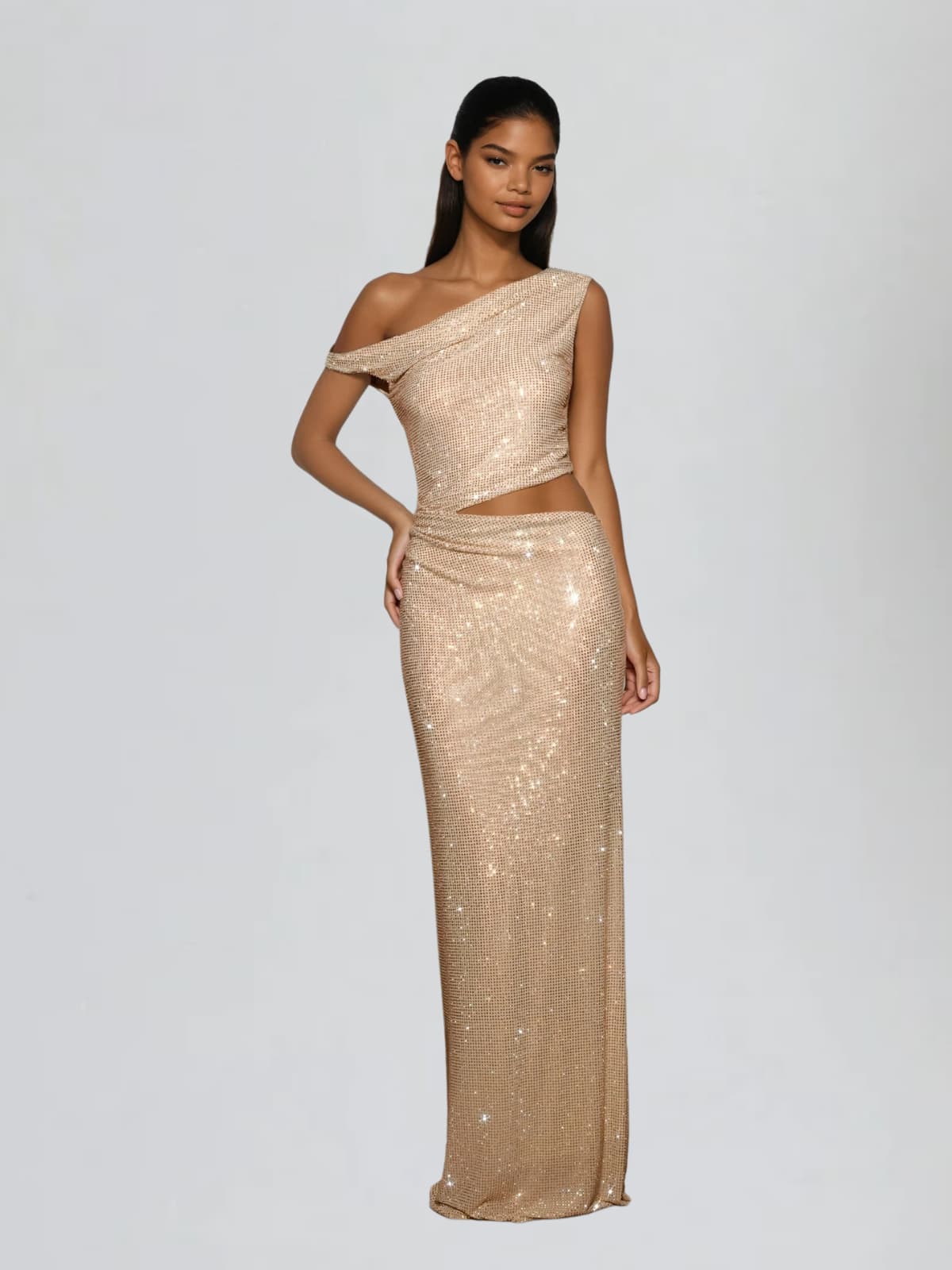 Diopter Cutout Rhinestone Maxi Dress In Apricot