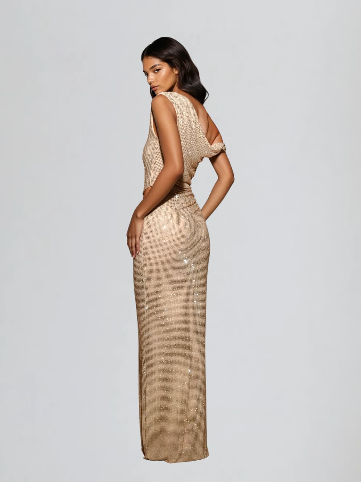 Diopter Cutout Rhinestone Maxi Dress In Apricot