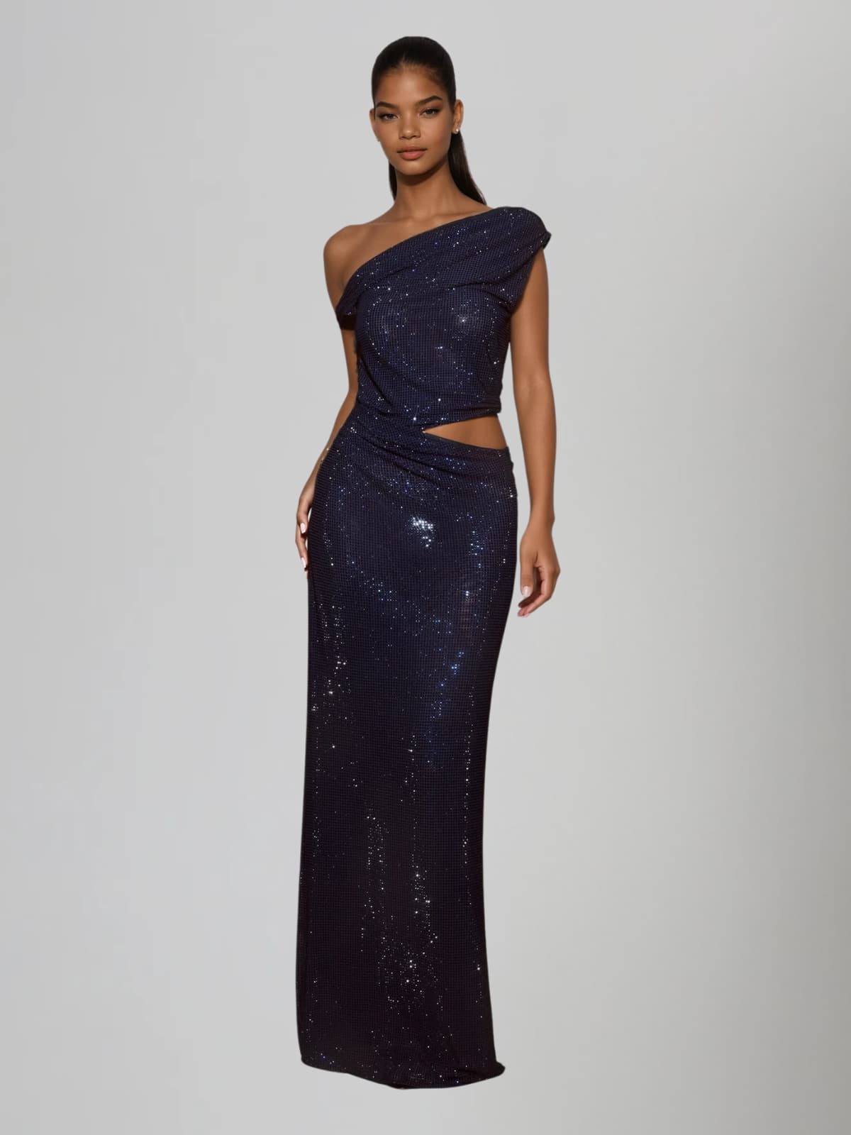 Diopter Cutout Rhinestone Maxi Dress In Navy