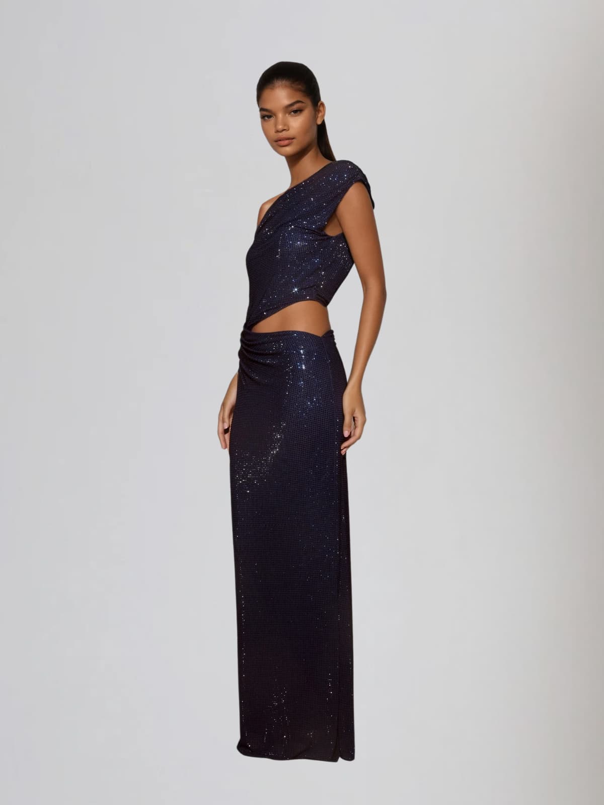 Diopter Cutout Rhinestone Maxi Dress In Navy