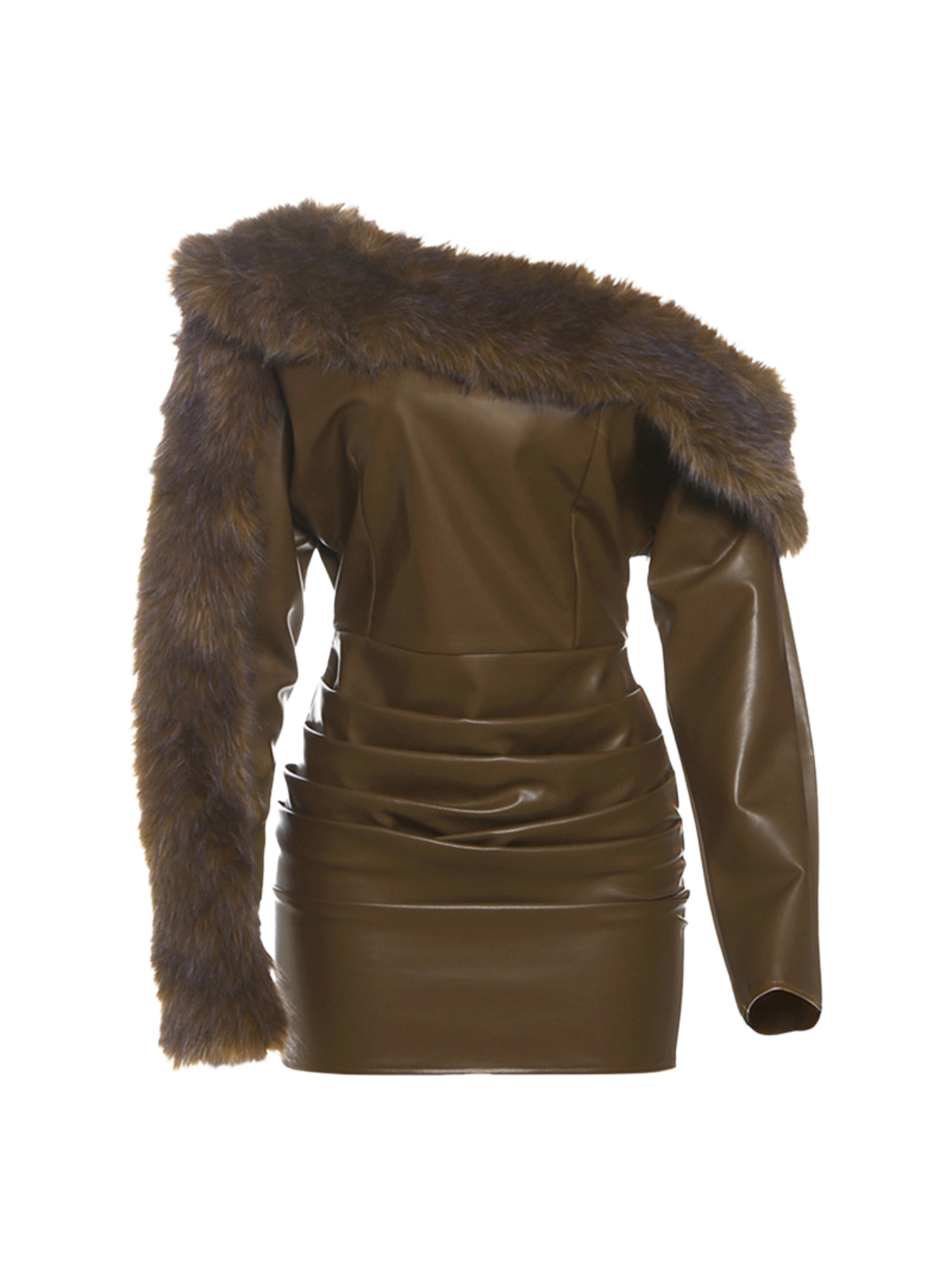 Dioptra One Shoulder Leather Faux Fur Mini Dress