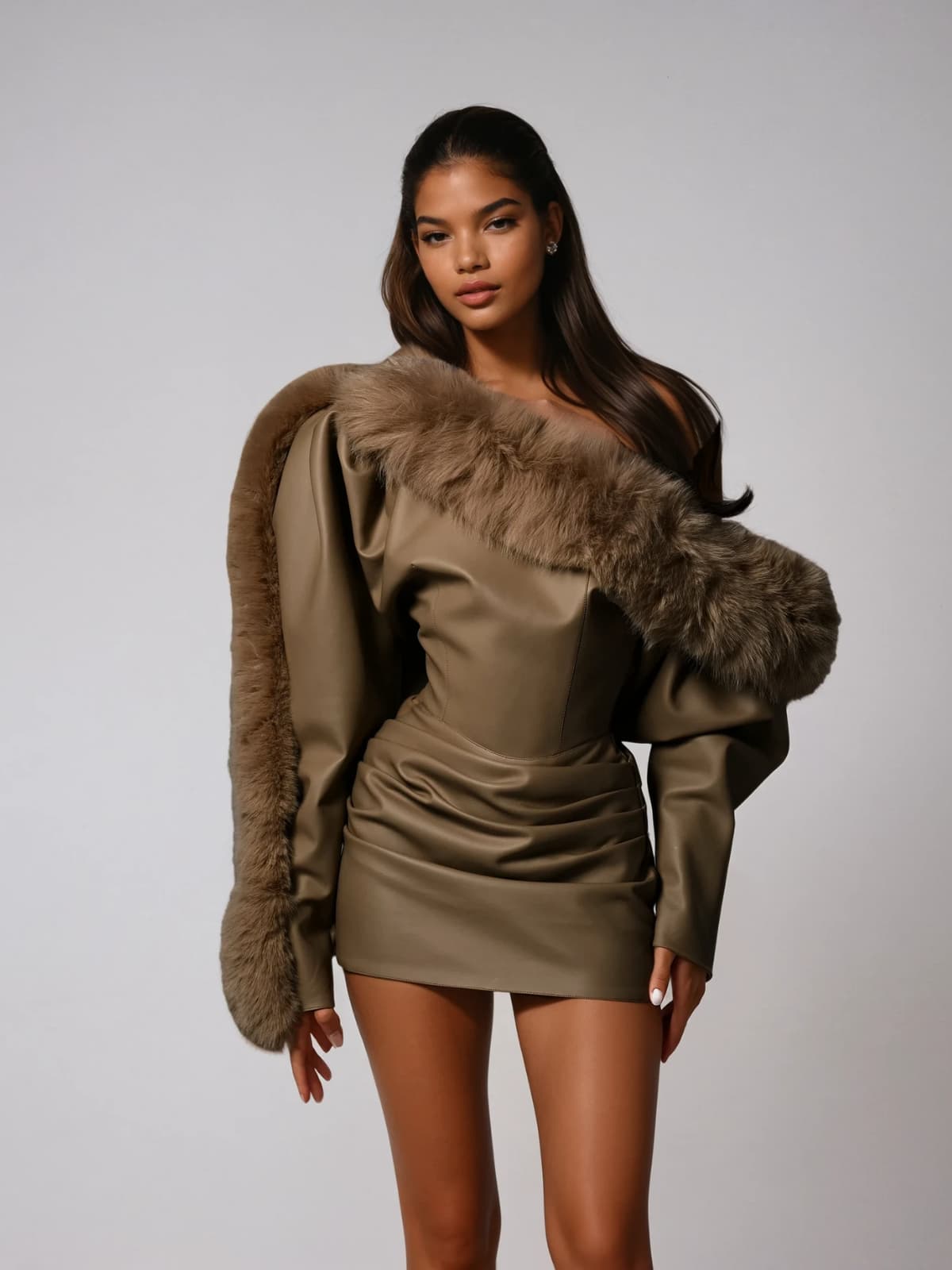 Dioptra One Shoulder Leather Faux Fur Mini Dress