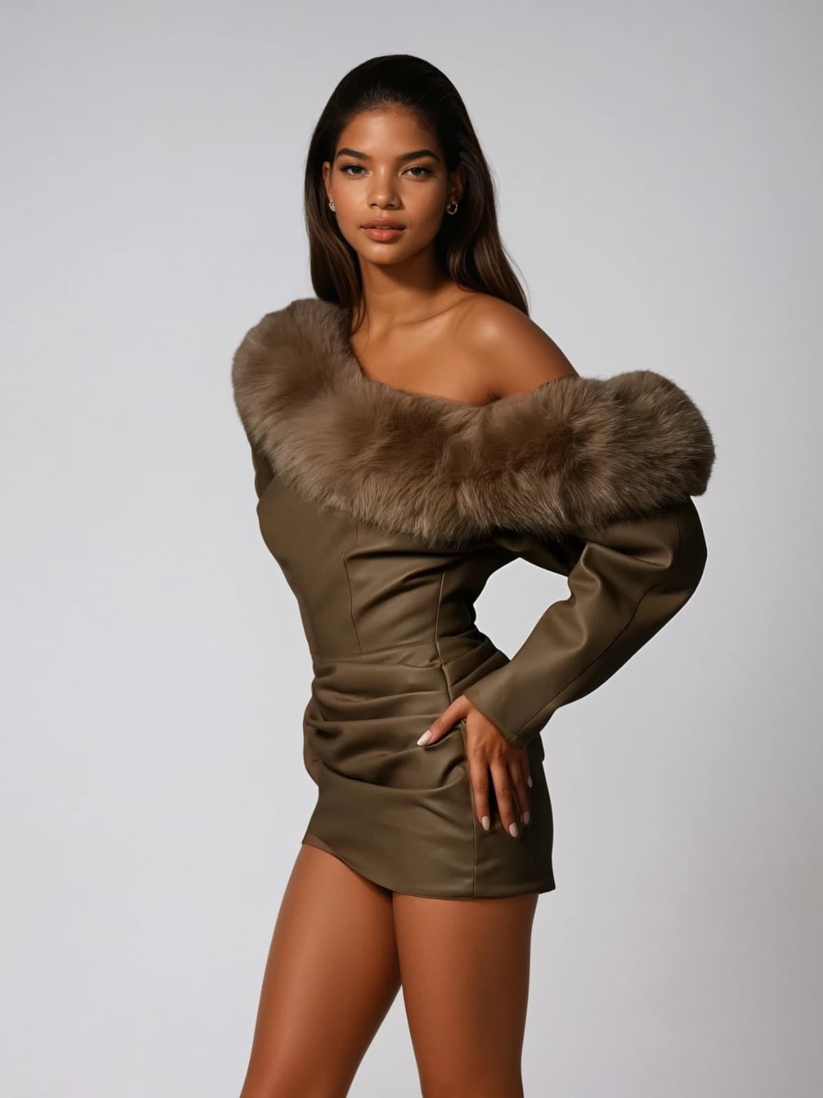 Dioptra One Shoulder Leather Faux Fur Mini Dress