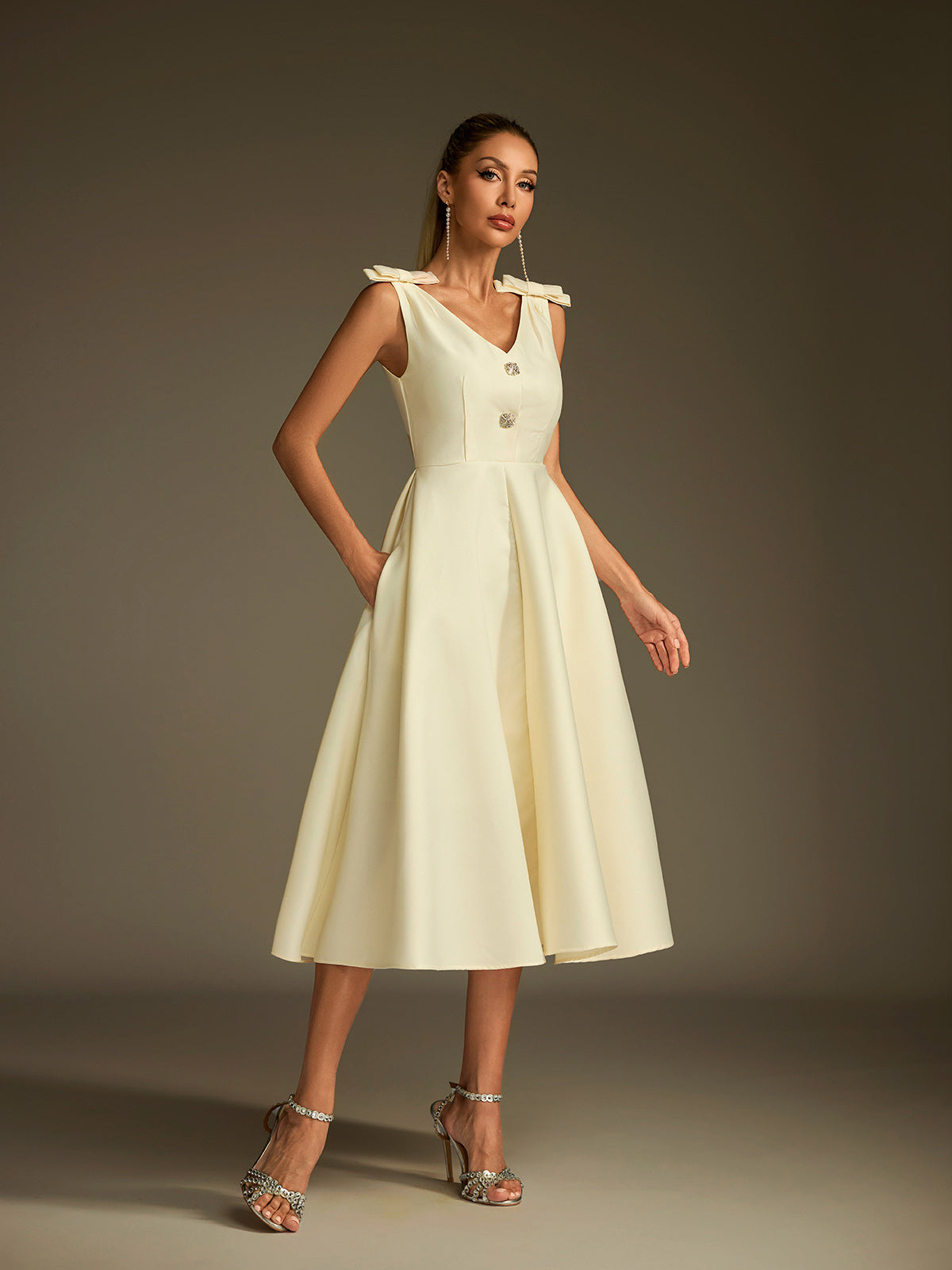 Diorum V Neck Bow Button Up Midi Dress