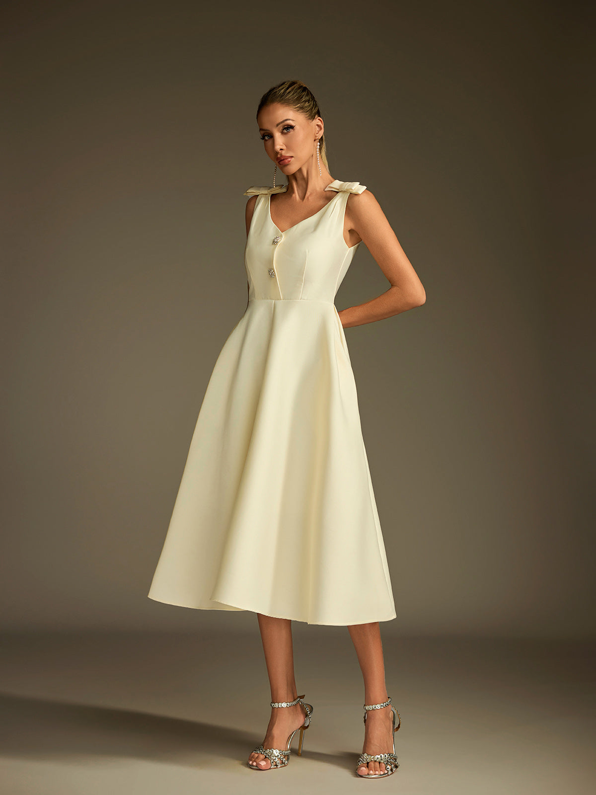 Diorum V Neck Bow Button Up Midi Dress