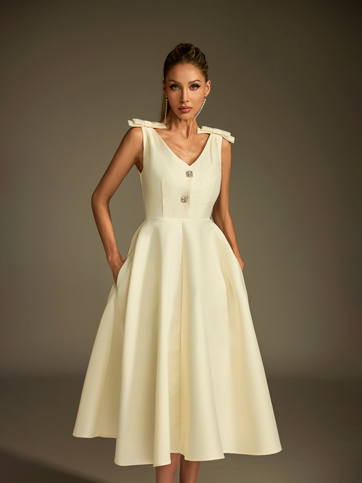 Diorum V Neck Bow Button Up Midi Dress