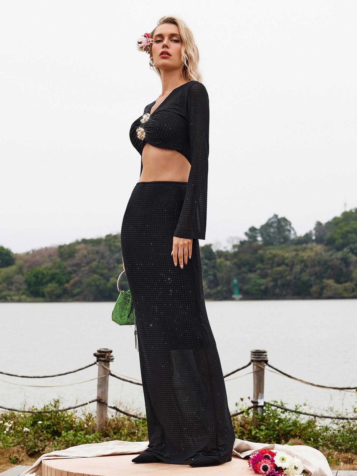 Dismas Rhinestone Ruched Skirt Set in black, featuring elegant ruched design and stylish rhinestones.