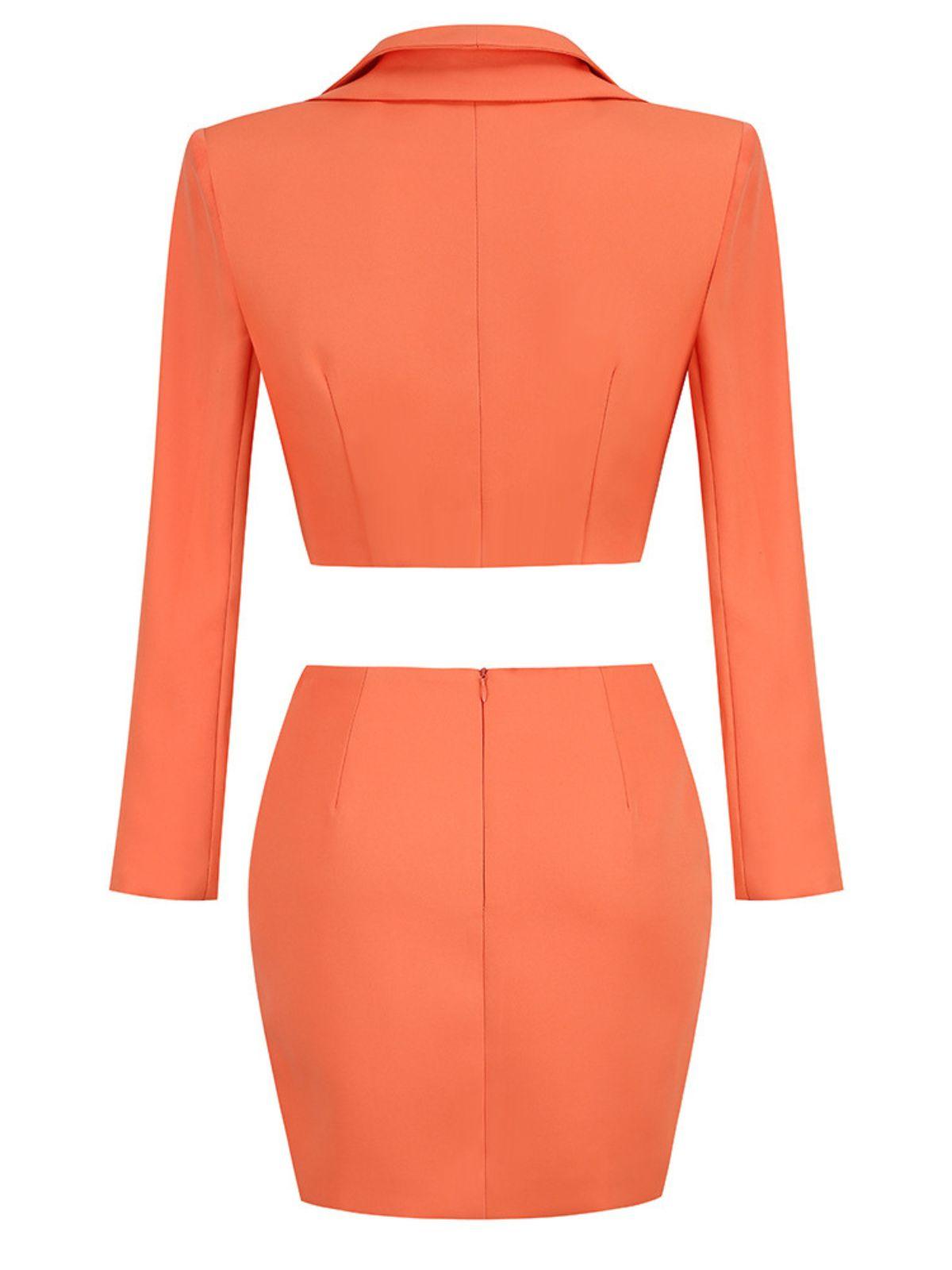 Doe Button Blazer Three Piece Set featuring a stylish blazer, elegant crop top, and refined mini skirt in vibrant orange.